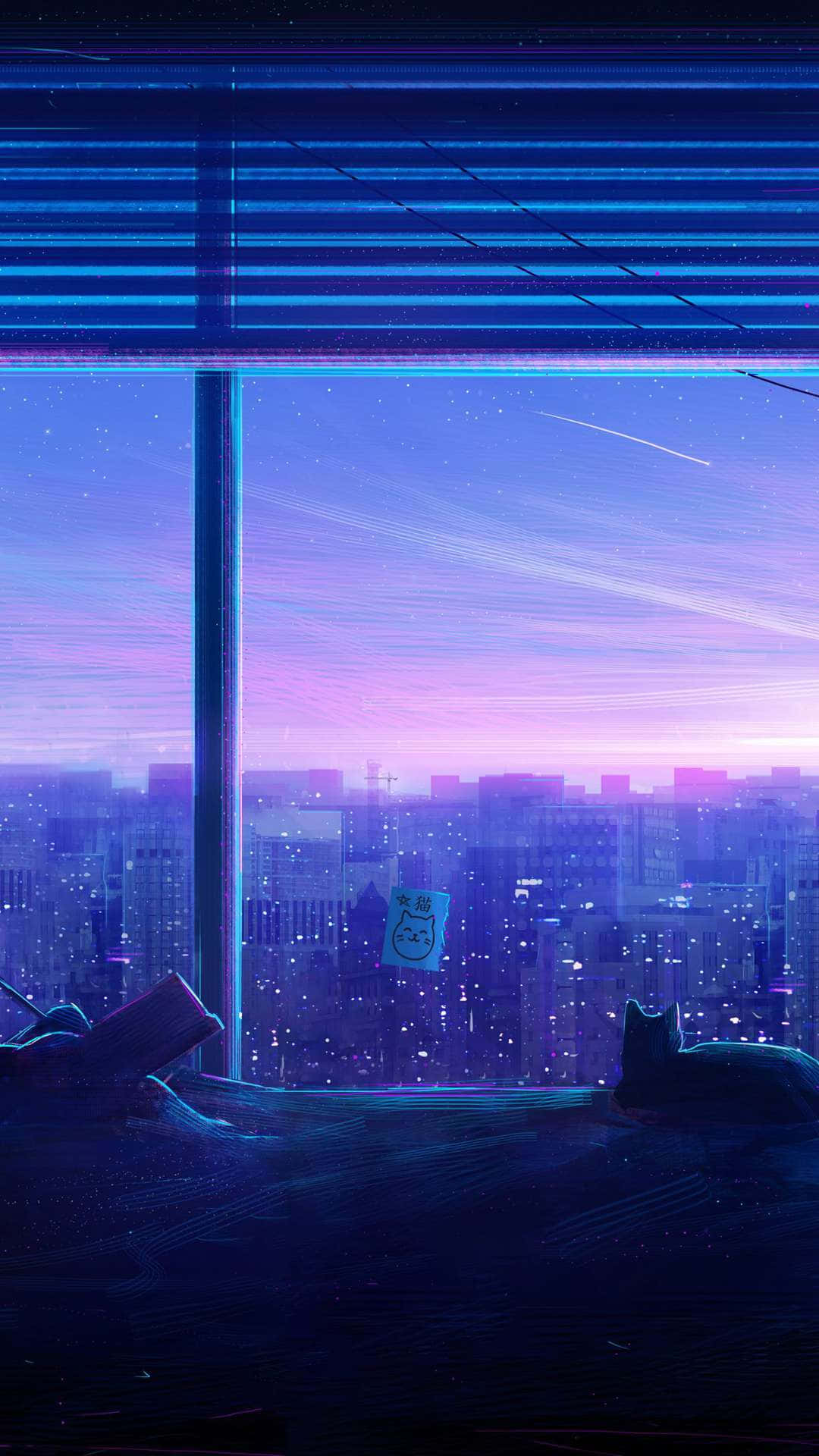 Purple Anime 桌布 壁紙 — 從窗戶看到的黃昏霓虹燈城市景觀，窗上有貓的剪影和發光的貼紙。