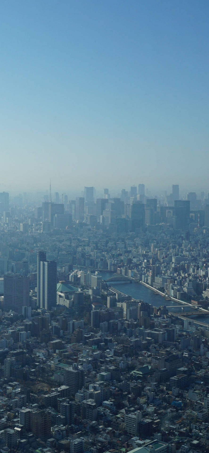 東京城市景觀，河流和摩天大樓在清澈藍天下。