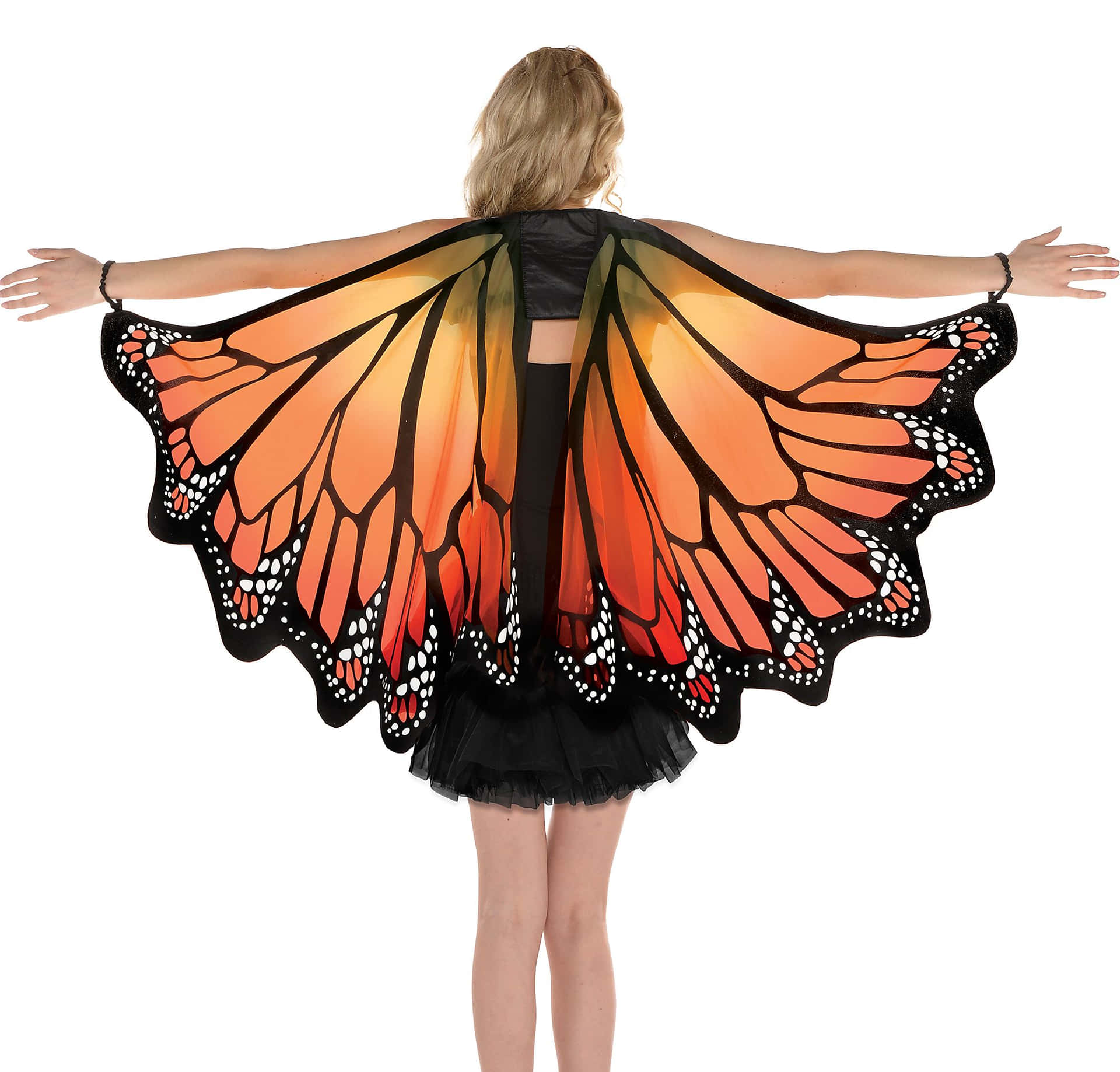 一個人穿著帝王蝶翅膀服裝，雙臂張開。 — 唯美蝴蝶動圖 壁紙
