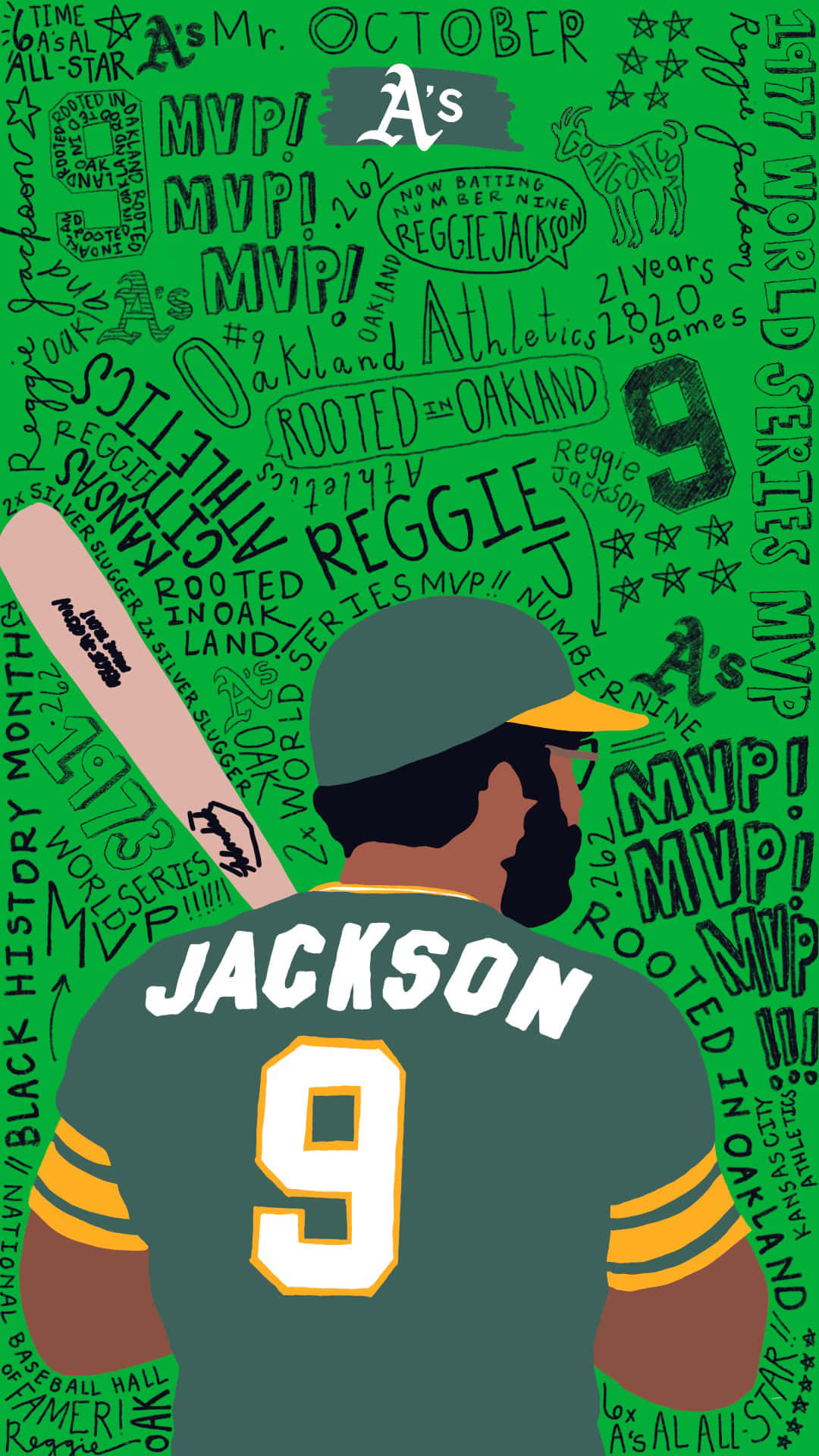 baseball bat 桌布 壁紙 — 從背後看到棒球選手 Reggie Jackson 身穿綠色球衣，背號 9，手持球棒，周圍環繞著綠色塗鴉風格文字，慶祝他在奧克蘭運動家隊的傳奇。