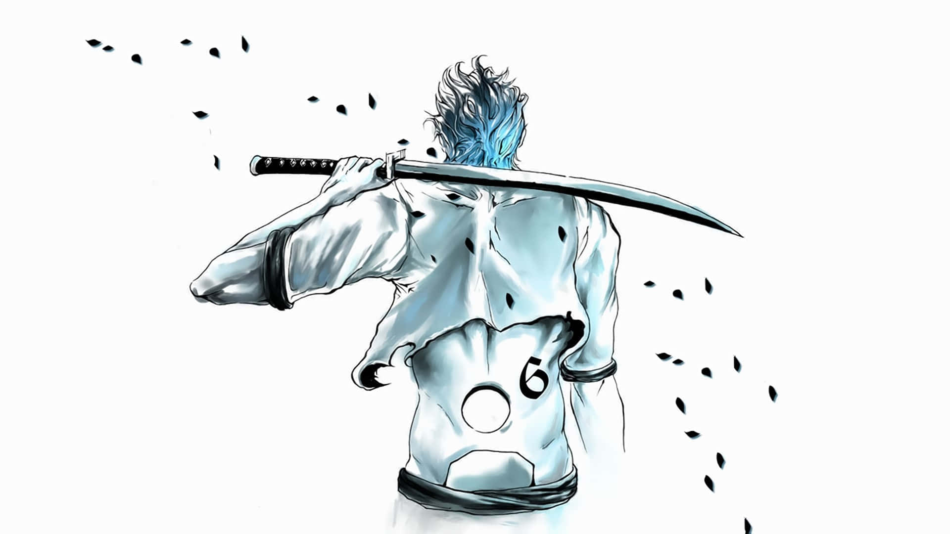 Grimmjow Jaegerjaquez 桌布 壁紙 — 從背後看到的藍髮動漫戰士，肩上扛著一把武士刀，黑色花瓣在他周圍飄舞。