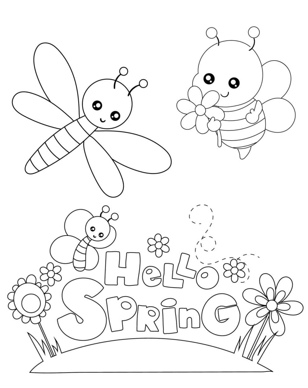 Hello Spring 問候語，帶有卡通蜜蜂、蜻蜓和花朵，供填色。