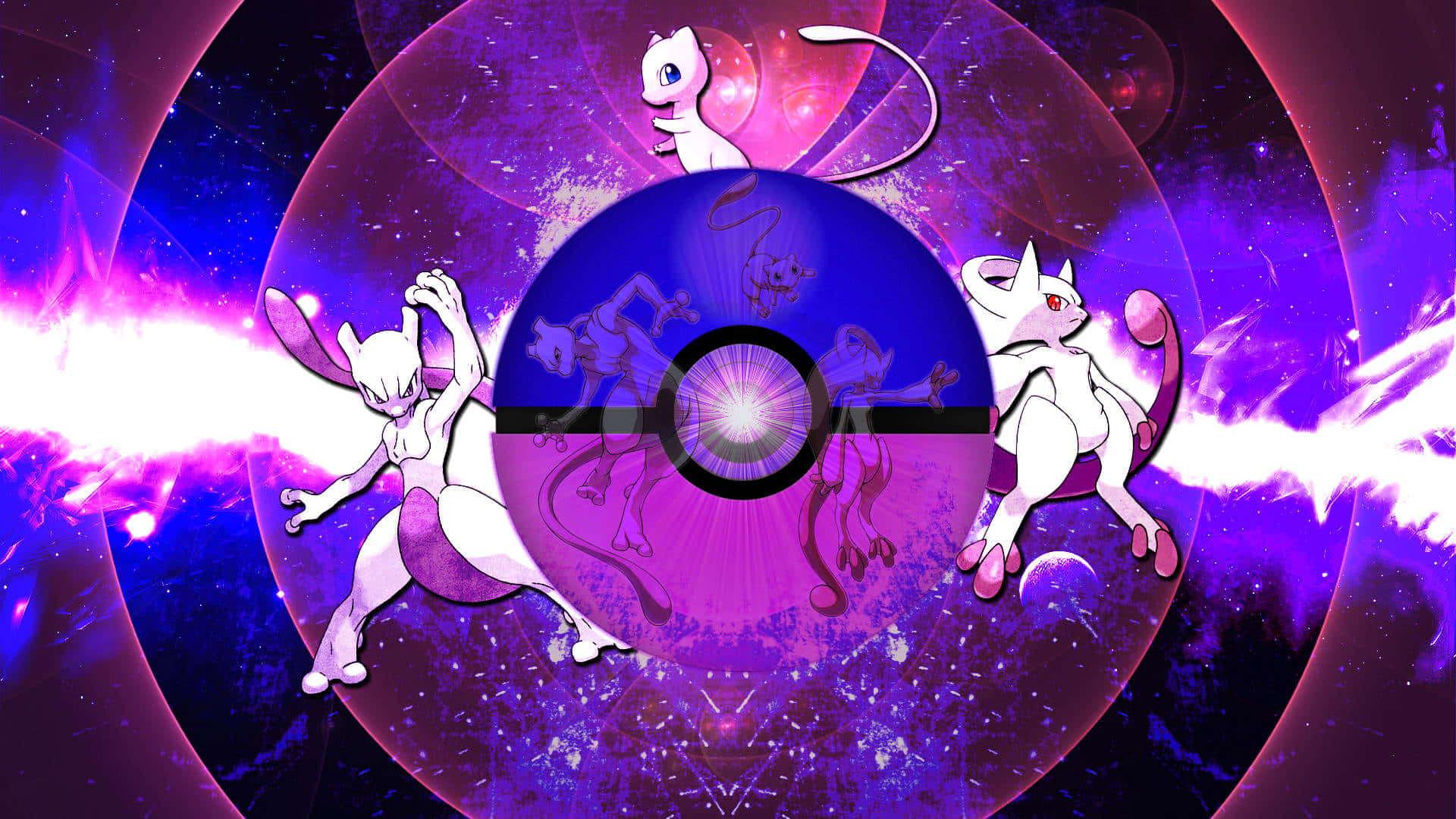 三個超夢寶可夢從發光的精靈球中出現，在宇宙紫色星雲中。