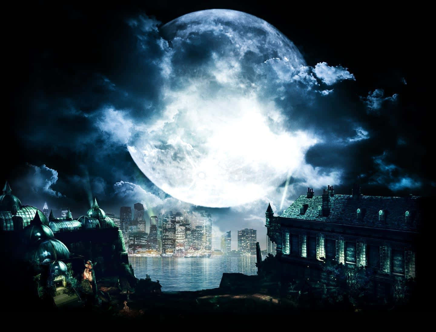 夜晚，巨型月亮和暴風雲下的哥德式建築與城市天際線。