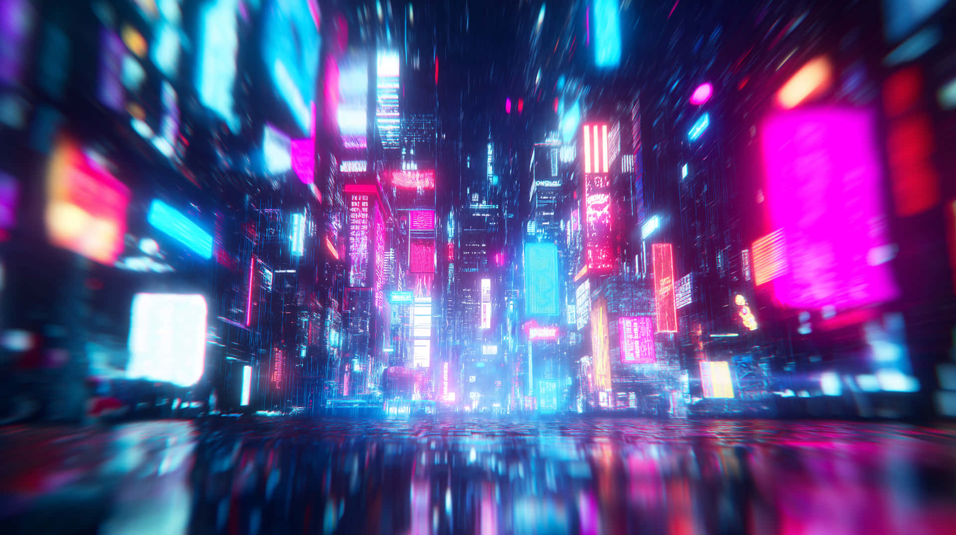 夜晚的未來城市，霓虹燈光反射在潮濕的路面上。
