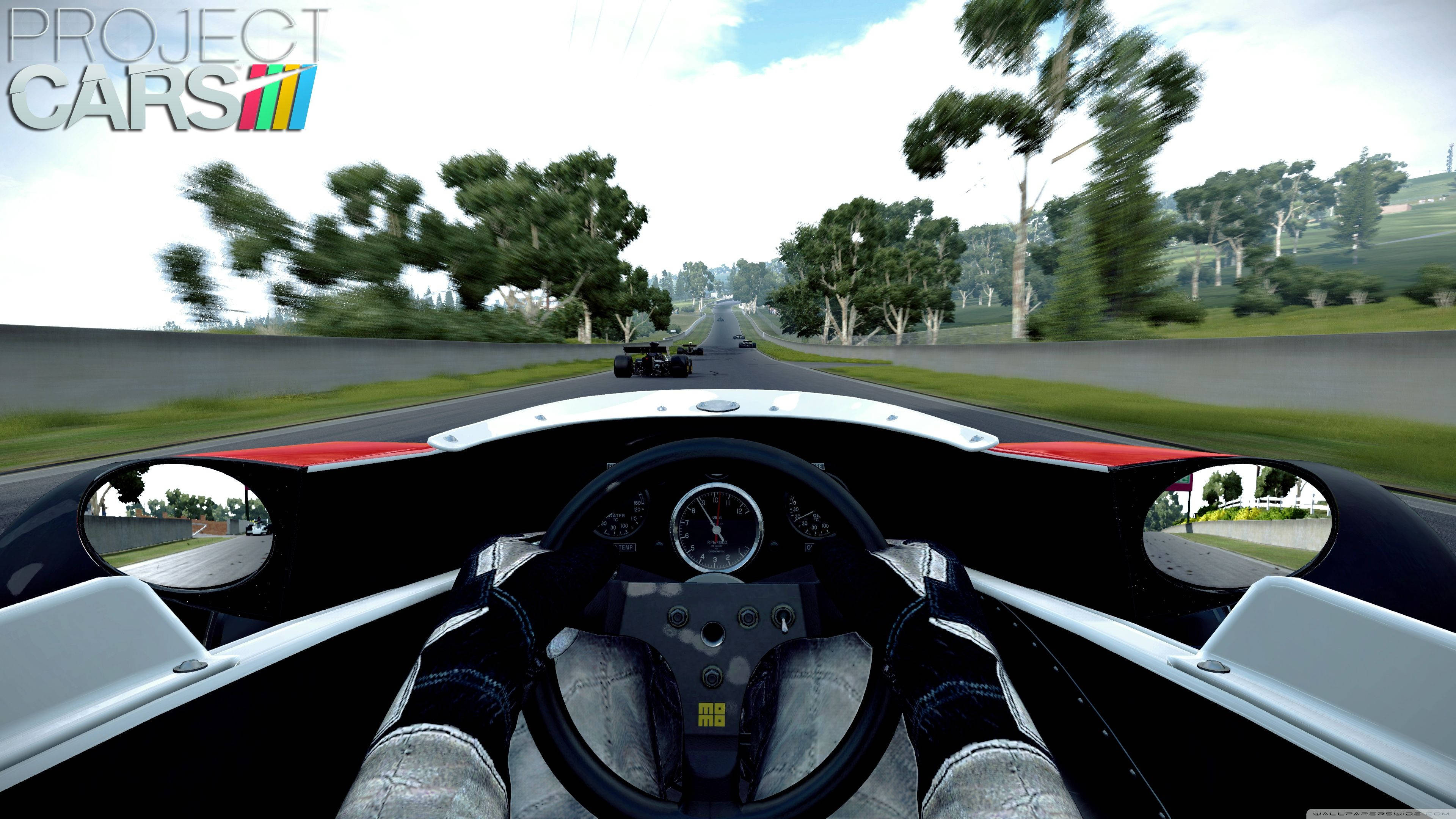 Project Cars 4K Assetto Corsa 壁紙 — 從賽車內部以第一人稱視角觀看，賽車在兩旁樹木成蔭的賽道上疾馳，帶有動態模糊效果。