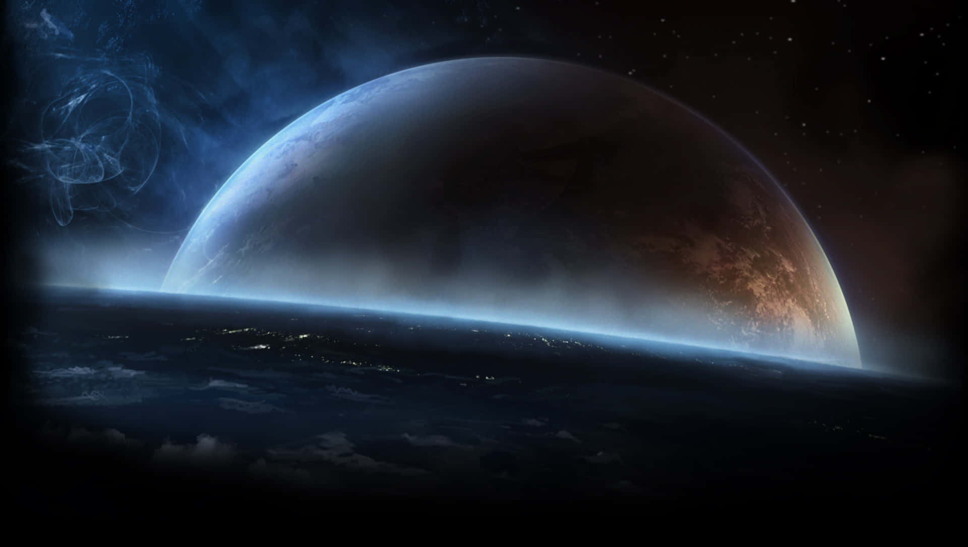 Horizon 桌布 壁紙 — 從軌道上俯瞰，一顆巨大的行星在星羅棋布的宇宙背景下散發出藍色和橙色的光芒，下方是旋轉的雲層和遙遠的城市燈光。