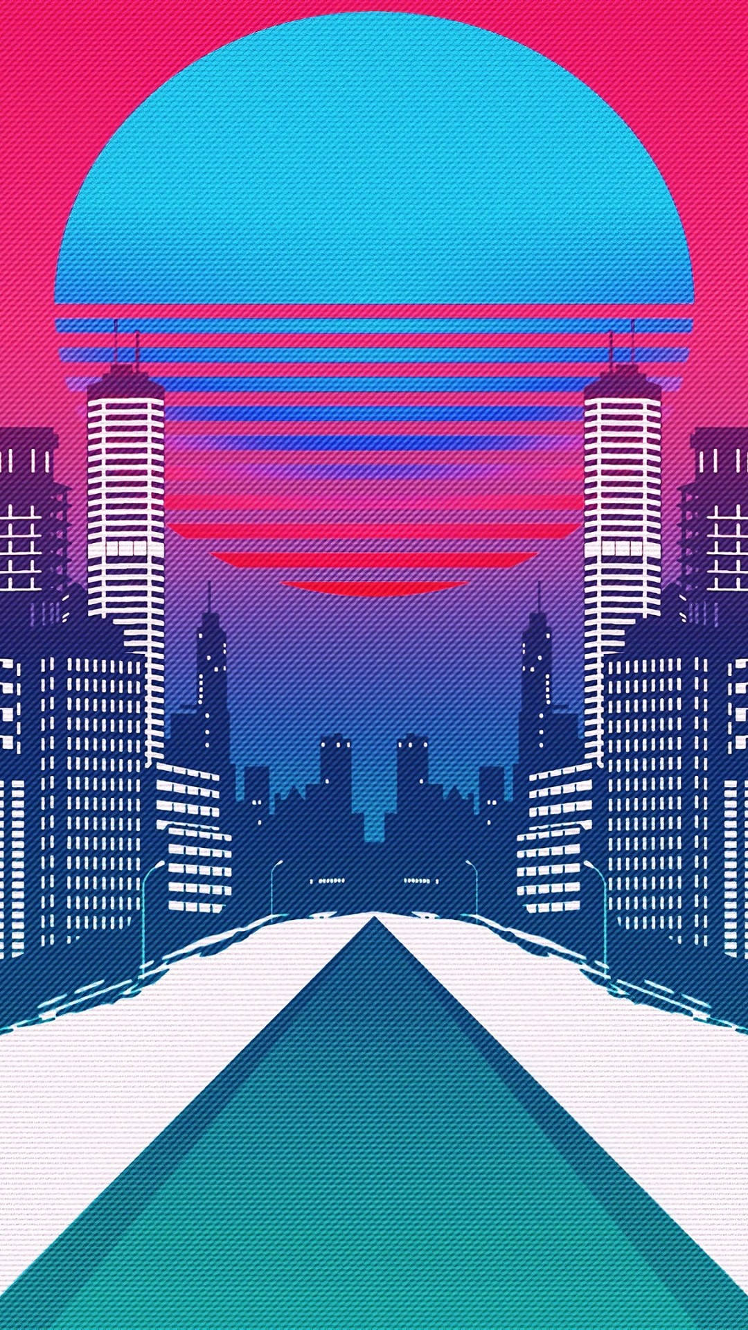 復古gif 桌布 壁紙 — 從通往地平線的道路上看到的復古未來主義城市景觀，巨大的藍色太陽落在摩天大樓之上。