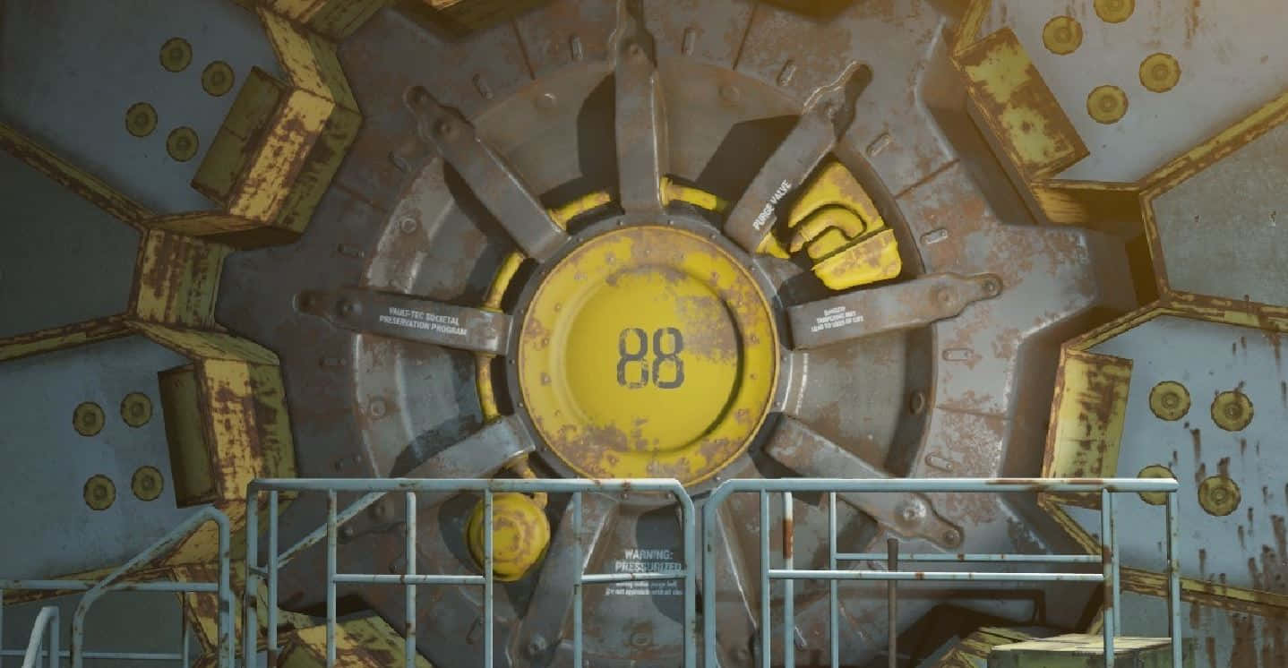 Fallout 4 Vault 桌布 壁紙 — 從金屬欄杆後方看到的生鏽工業保險庫門，帶有黃色標記和居中數字88。