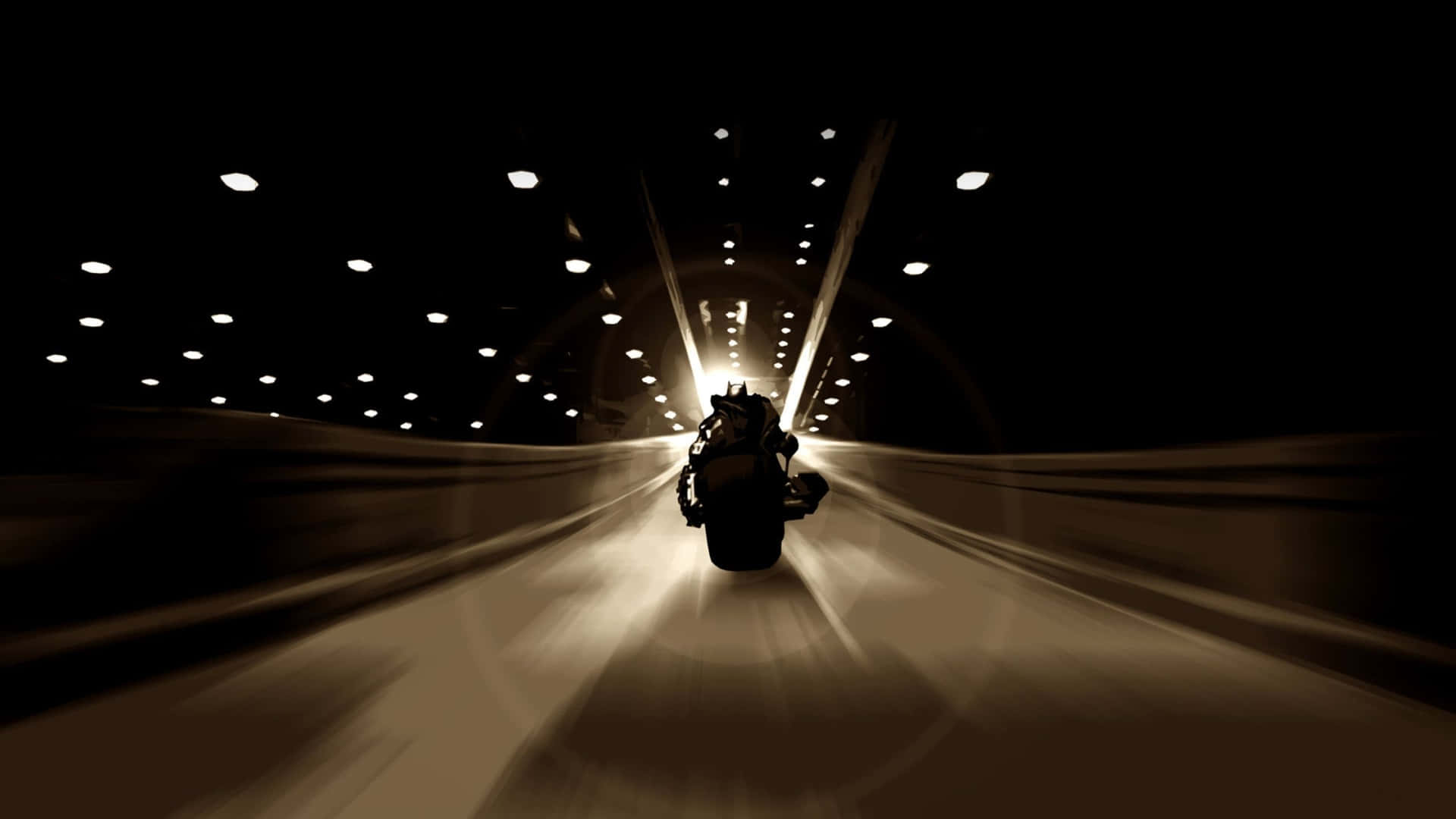 電單車在黑暗隧道中加速，發光的燈光掠過。
