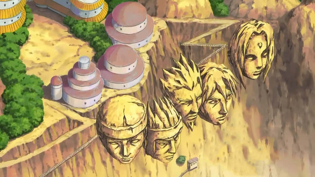 Naruto Village 桌布 壁紙 — 從高空俯瞰，巨型石頭人頭雕刻在懸崖上，俯瞰著一個擁有階梯式建築和茂密綠意的村莊。