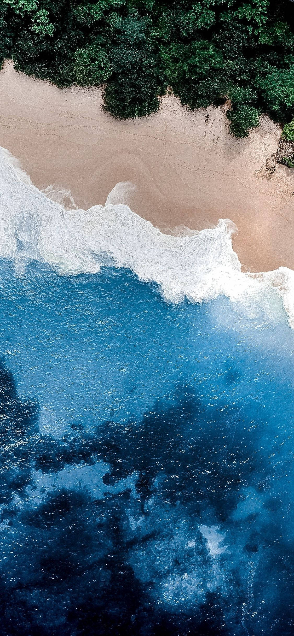 海灘 桌布 壁紙 — 從高空俯瞰，碧綠色的海浪拍打著彎曲的沙灘，沙灘兩旁是茂密的綠色叢林。