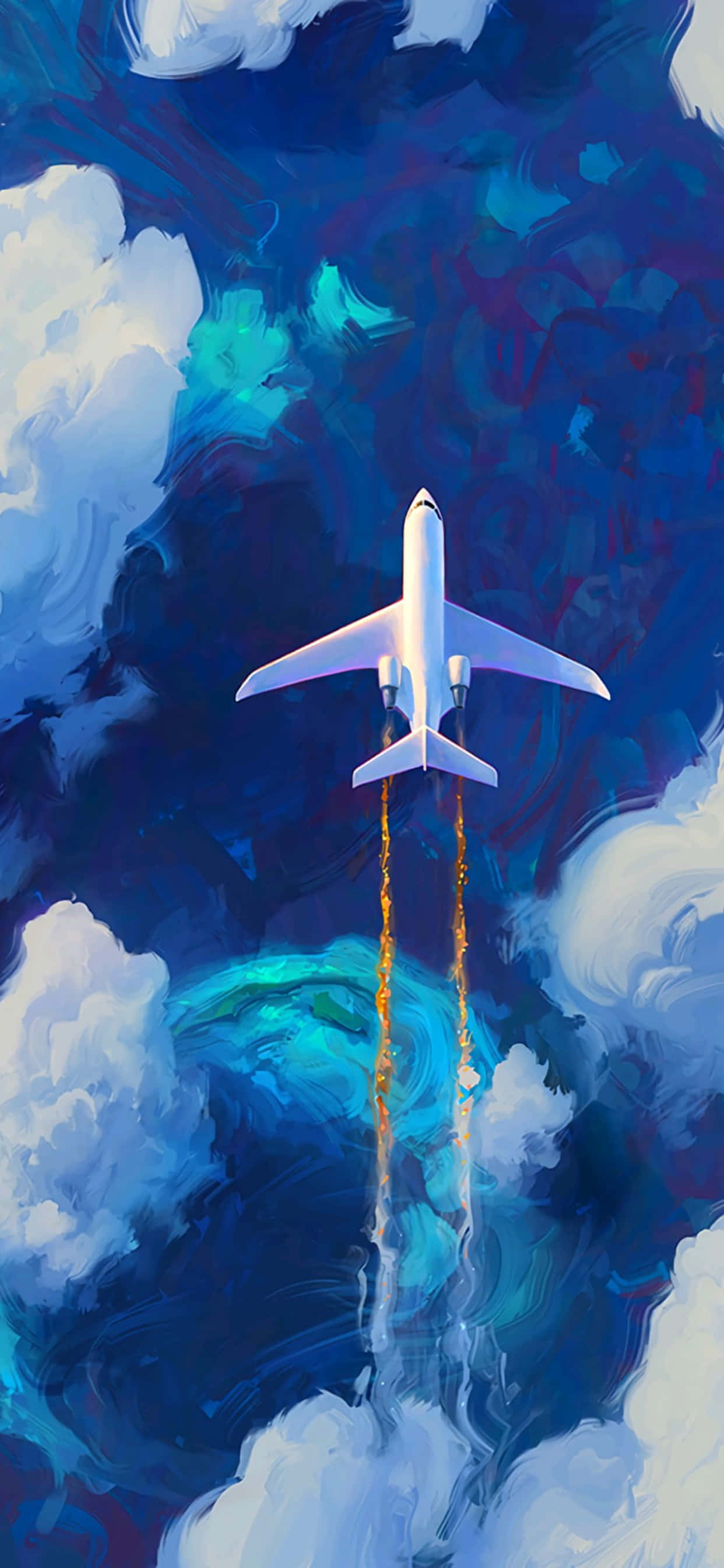 從高空俯瞰世界 壁紙 — 一架白色飛機穿過旋轉的藍色和藍綠色雲層上升，下方帶有熾熱的排氣痕跡。
