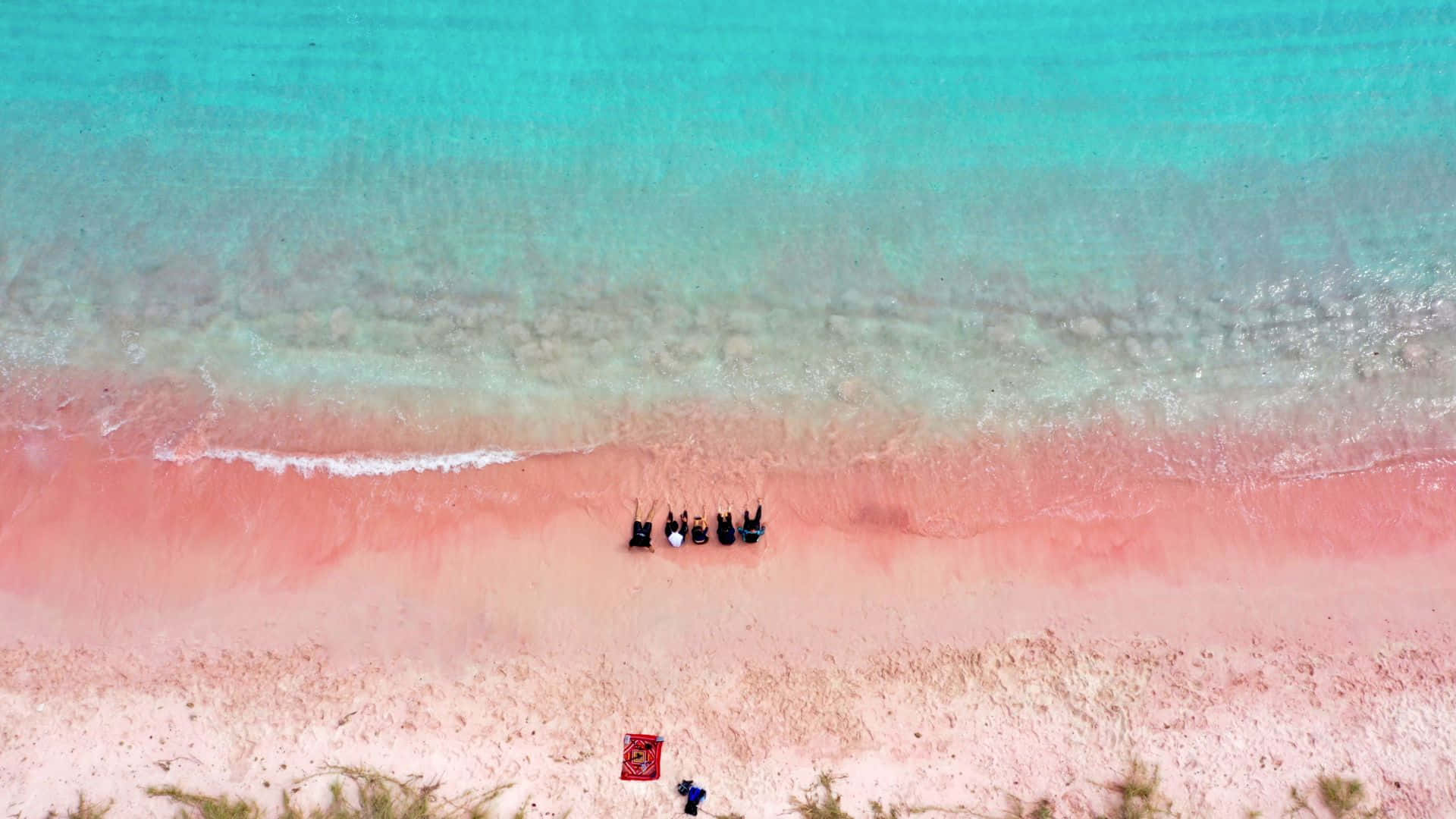 Pink Beach 桌布 壁紙 — 從高空俯瞰五個人在充滿活力的粉紅色沙灘上放鬆，碧綠的海浪輕輕拍打。