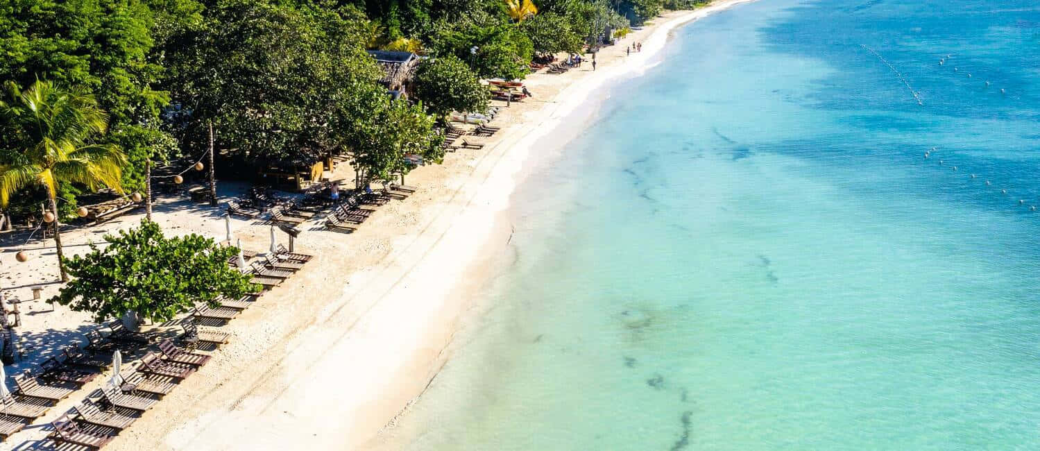 Jamaican Beach 桌布 壁紙 — 從高空俯瞰原始熱帶海灘，白色沙灘、碧綠海水、棕櫚樹排列在沙灘椅旁，陽光普照。