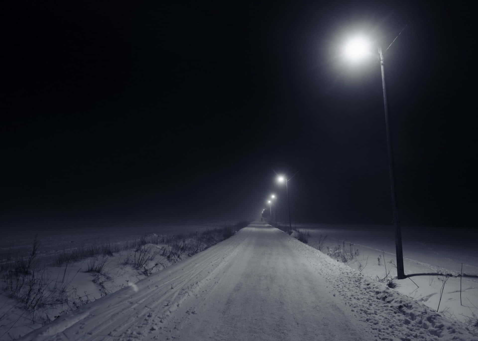 冬夜街燈照亮積雪道路