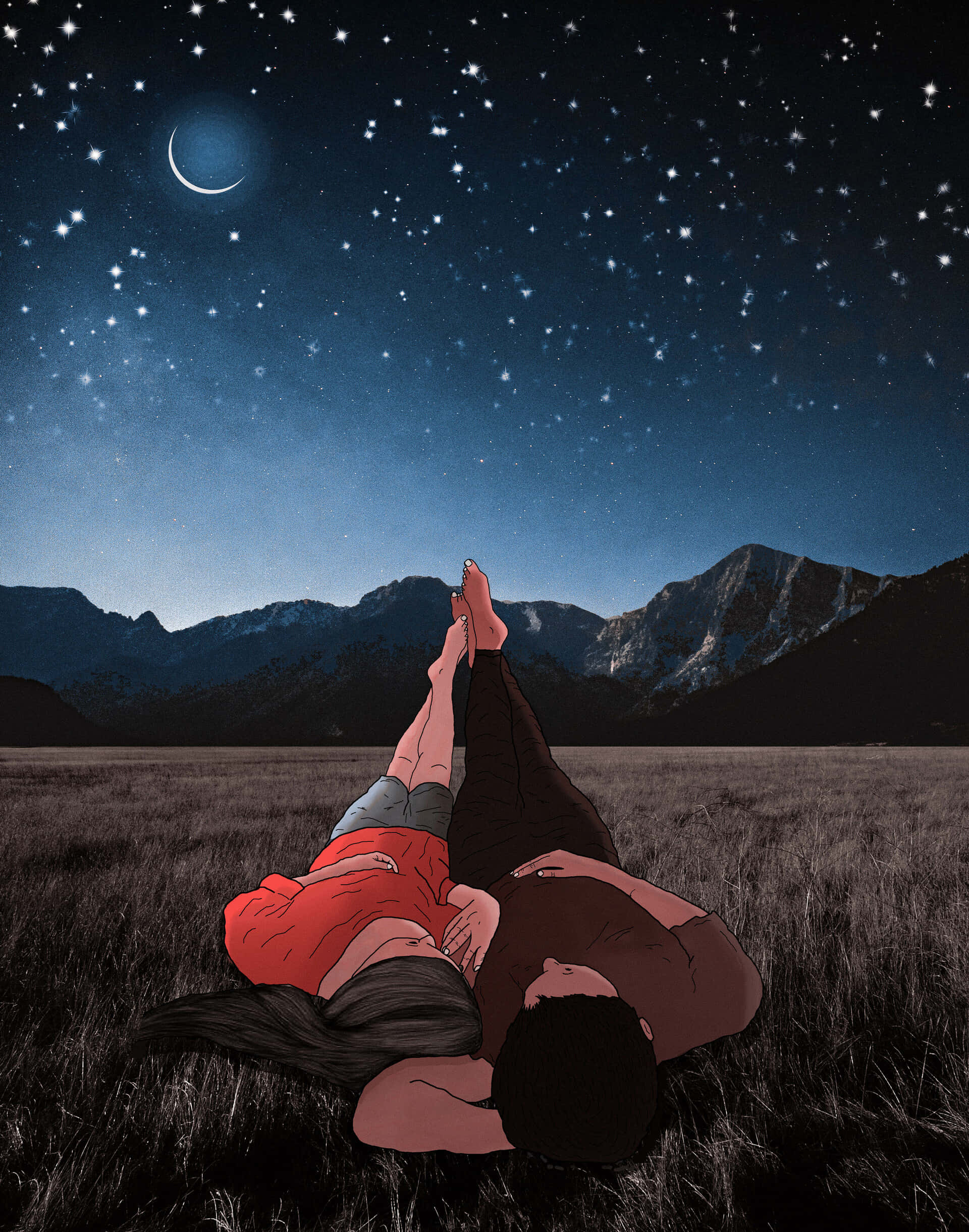 從高處俯瞰繁星點綴的夜空 壁紙 — 一對情侶纏繞在高高的草叢中，夜空繁星點點，一彎新月和遠方積雪的山峰。