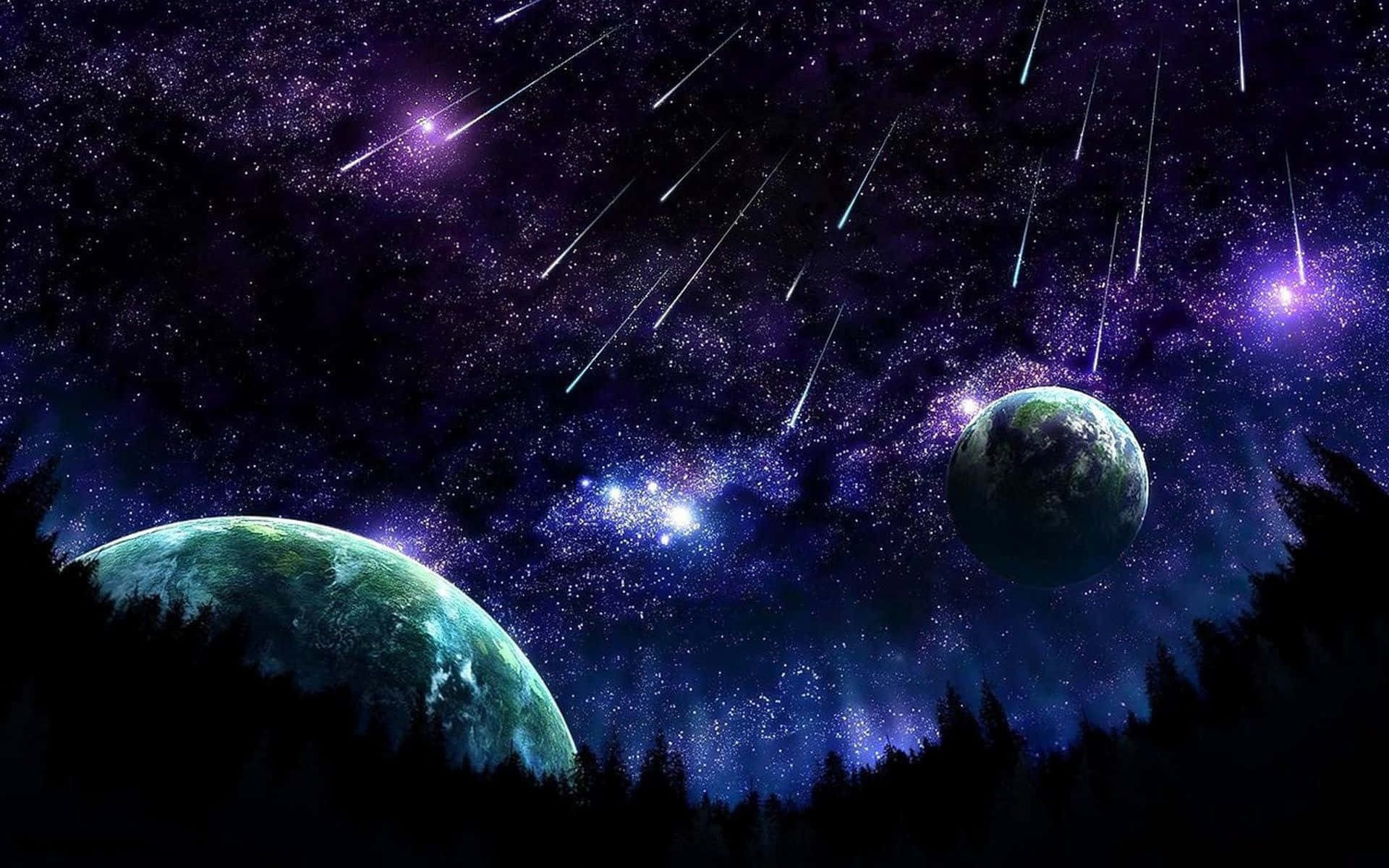 Cool Space 桌布 壁紙 — 從黑暗森林剪影後方觀看，充滿流星和兩顆發光行星的宇宙夜空。