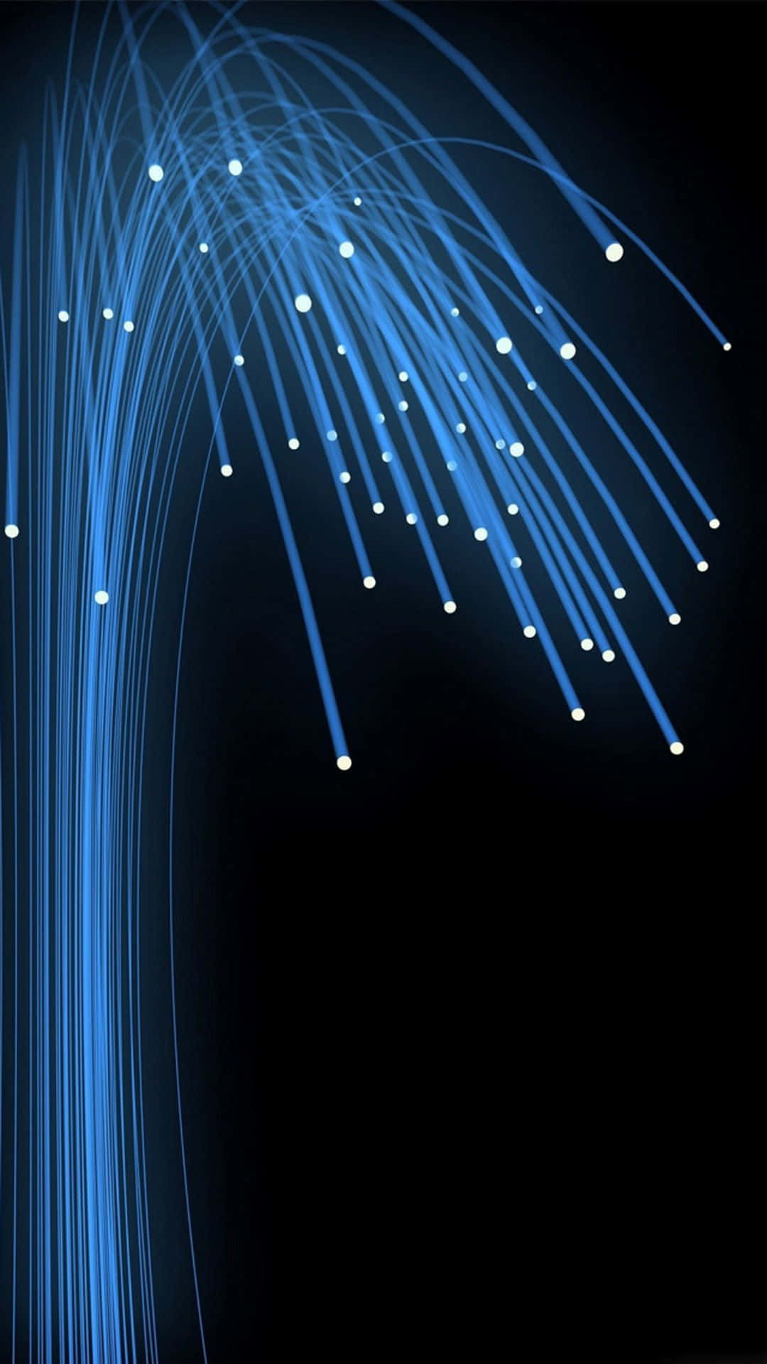 Phone Screen 桌布 壁紙 — 從黑暗虛空中迸發出的耀眼藍色光纖束，如同帶有發光端點的數碼煙火。