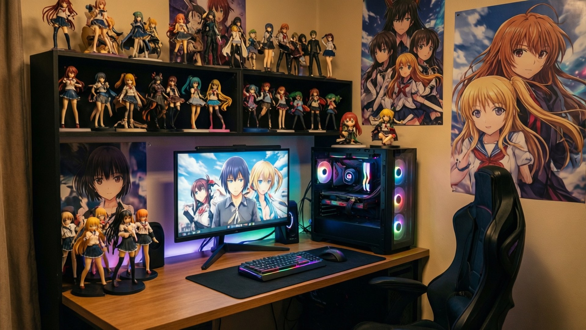 御宅族的聖殿 壁紙 — 一個舒適的動漫主題遊戲設置，配備發光 RGB 電腦顯示器、人偶、海報和黑色人體工學椅。