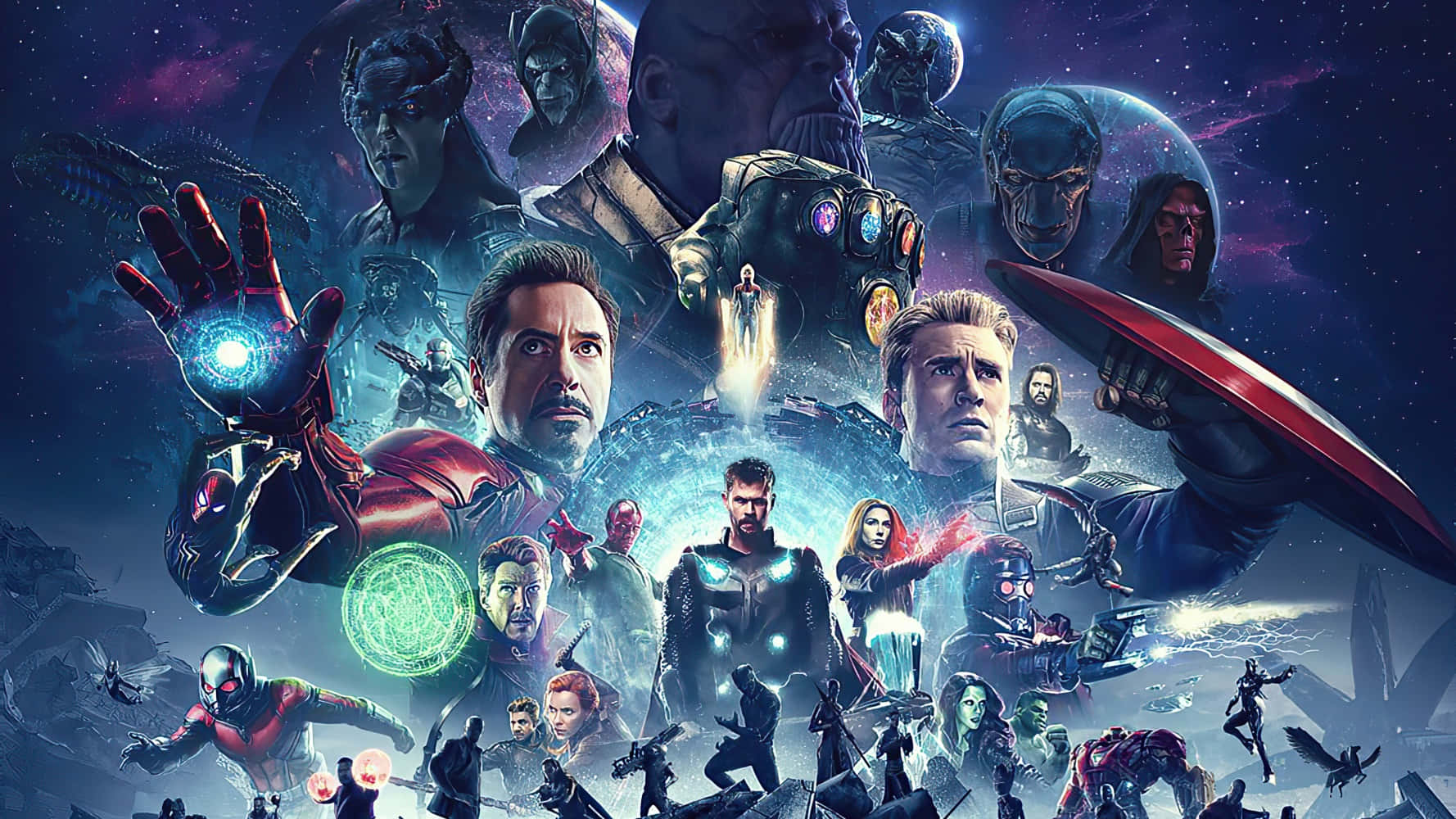 Marvel 超級英雄和反派在宇宙戰鬥場景中，以繁星點點的星雲為背景。