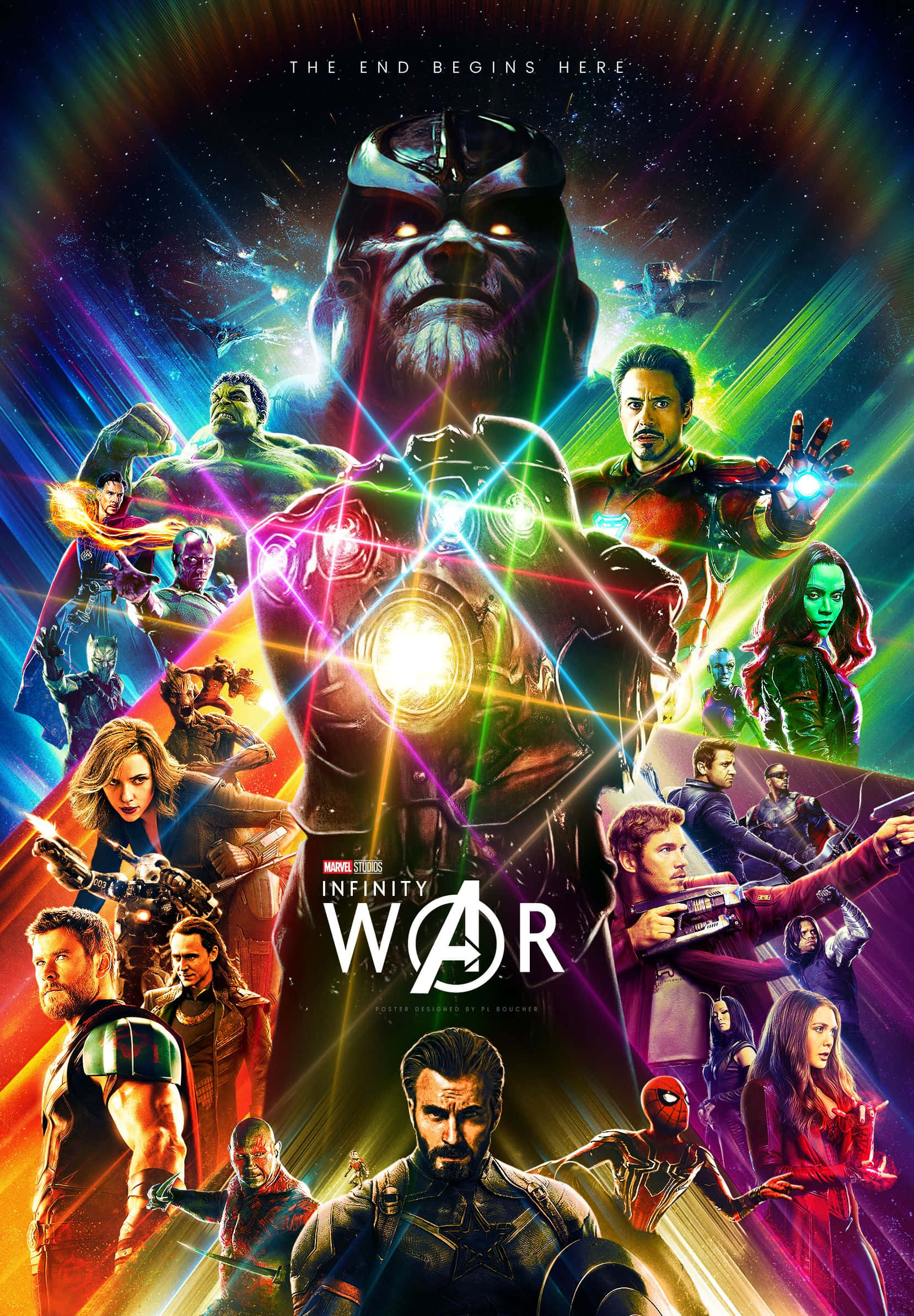 復仇者聯手對抗《無限戰爭》中的Thanos 壁紙 — 一場宇宙戰鬥場景，薩諾斯位於中心，戴著發光的無限手套，被復仇者聯盟英雄包圍，背景是繁星點點的多彩星空。