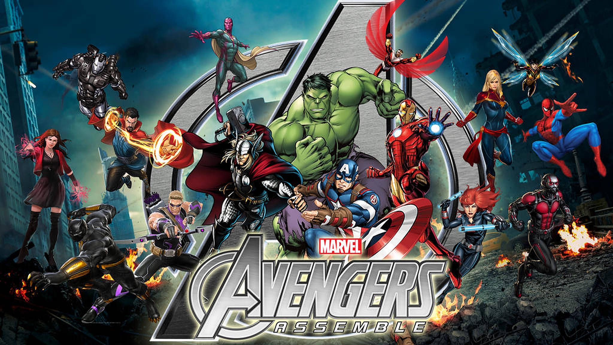 復仇者聯盟 壁紙 — 動感Marvel復仇者聯盟在風暴天空下於熾熱的城市戰場集結。