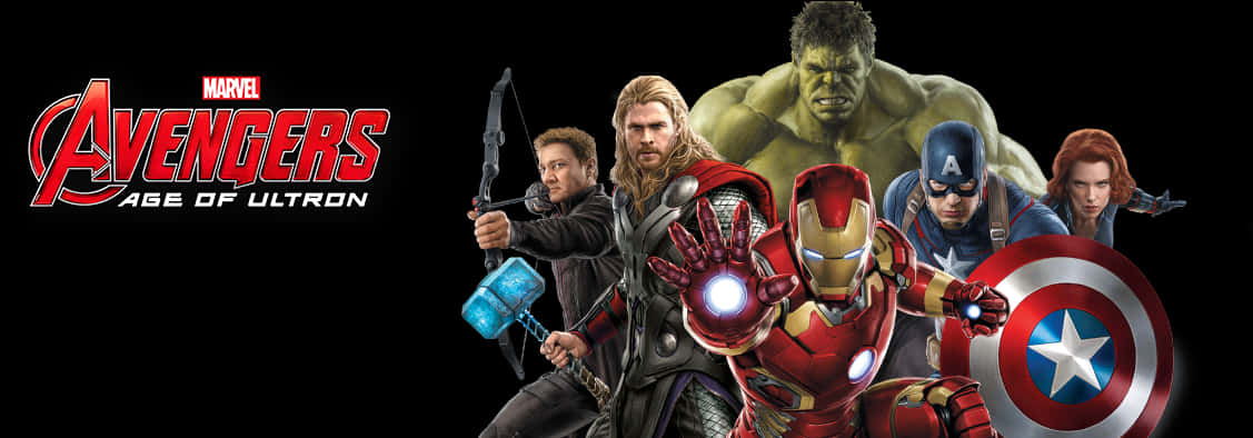 復仇者聯盟：奧創紀元 隊伍 壁紙 — Marvel Avengers Age of Ultron 英雄們以動態姿勢站在黑色背景前，配以發光科技和標誌性武器。