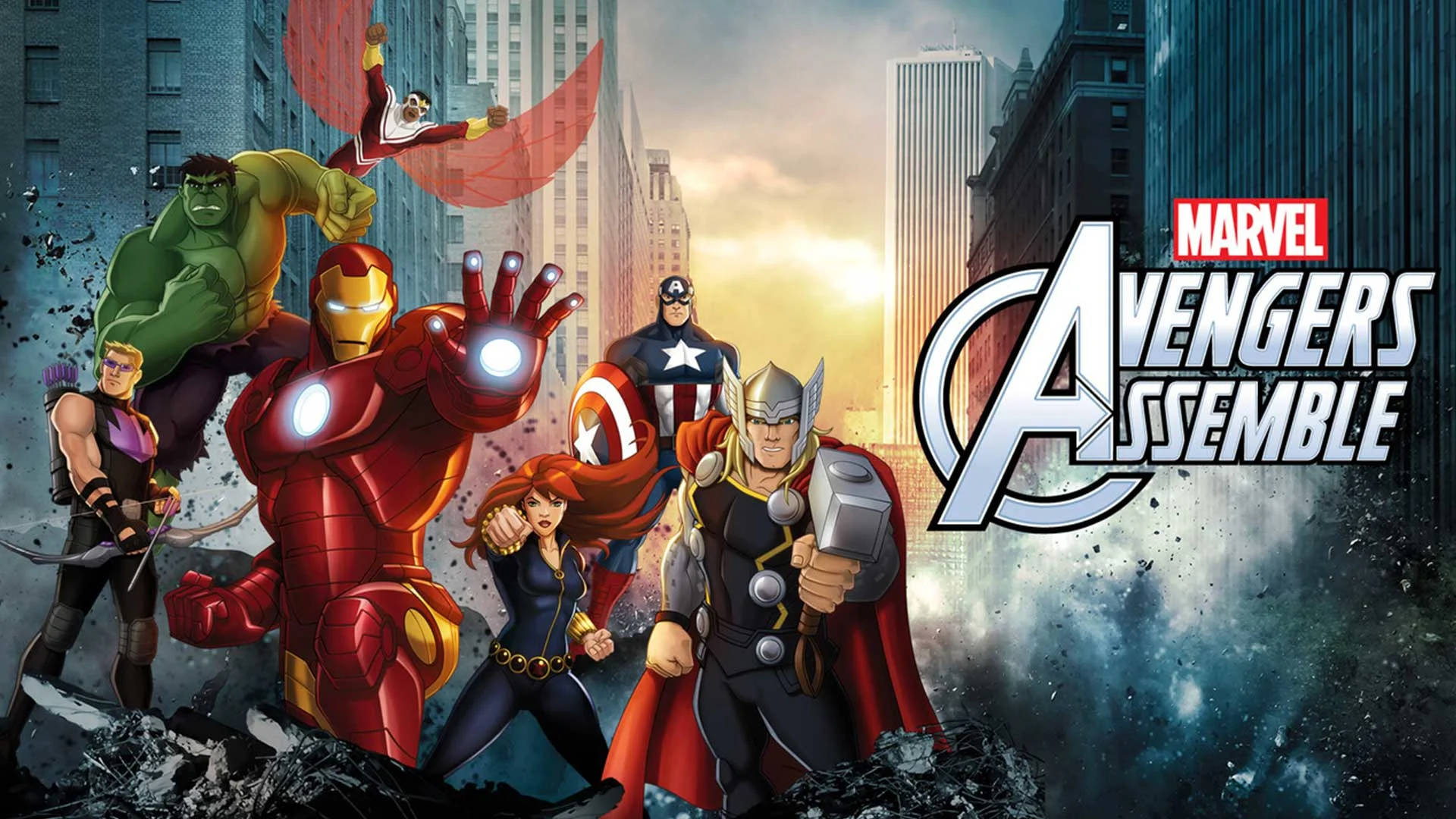 復仇者聯盟 數位插畫 壁紙 — Marvel Avengers 在一個動態的城市戰鬥場景中集結，超級英雄們站在城市廢墟和瓦礫之中。