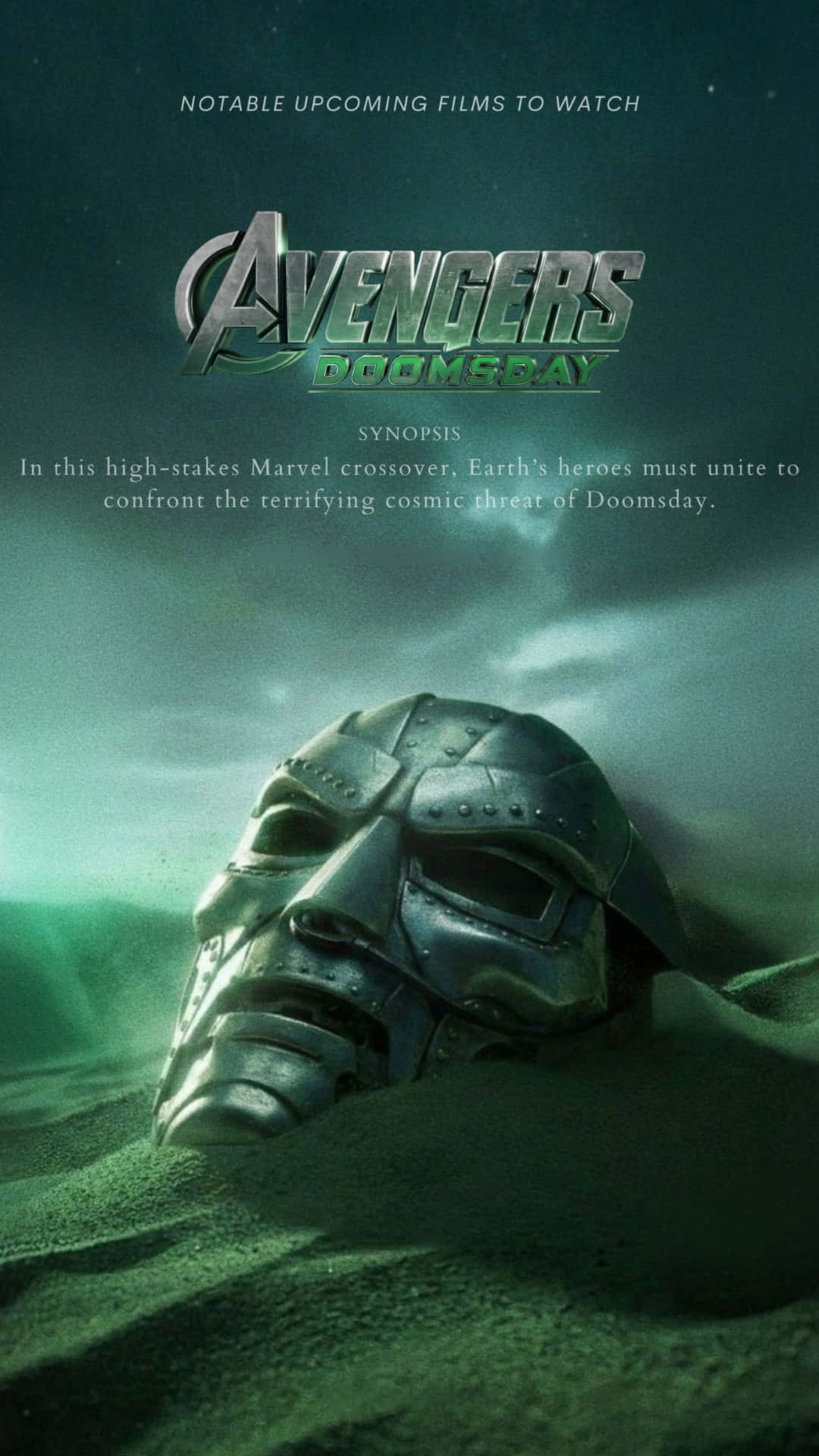 復仇者聯盟：末日浩劫 壁紙 — 在Marvel電影海報中，一個威脅性的Doomsday金屬面具從綠色沙中浮現，天空風暴密佈。