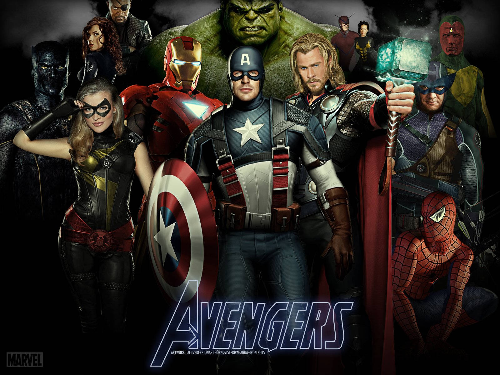 Marvel 復仇者聯盟超級英雄團隊在黑暗暴風雨背景下擺出動作姿勢。