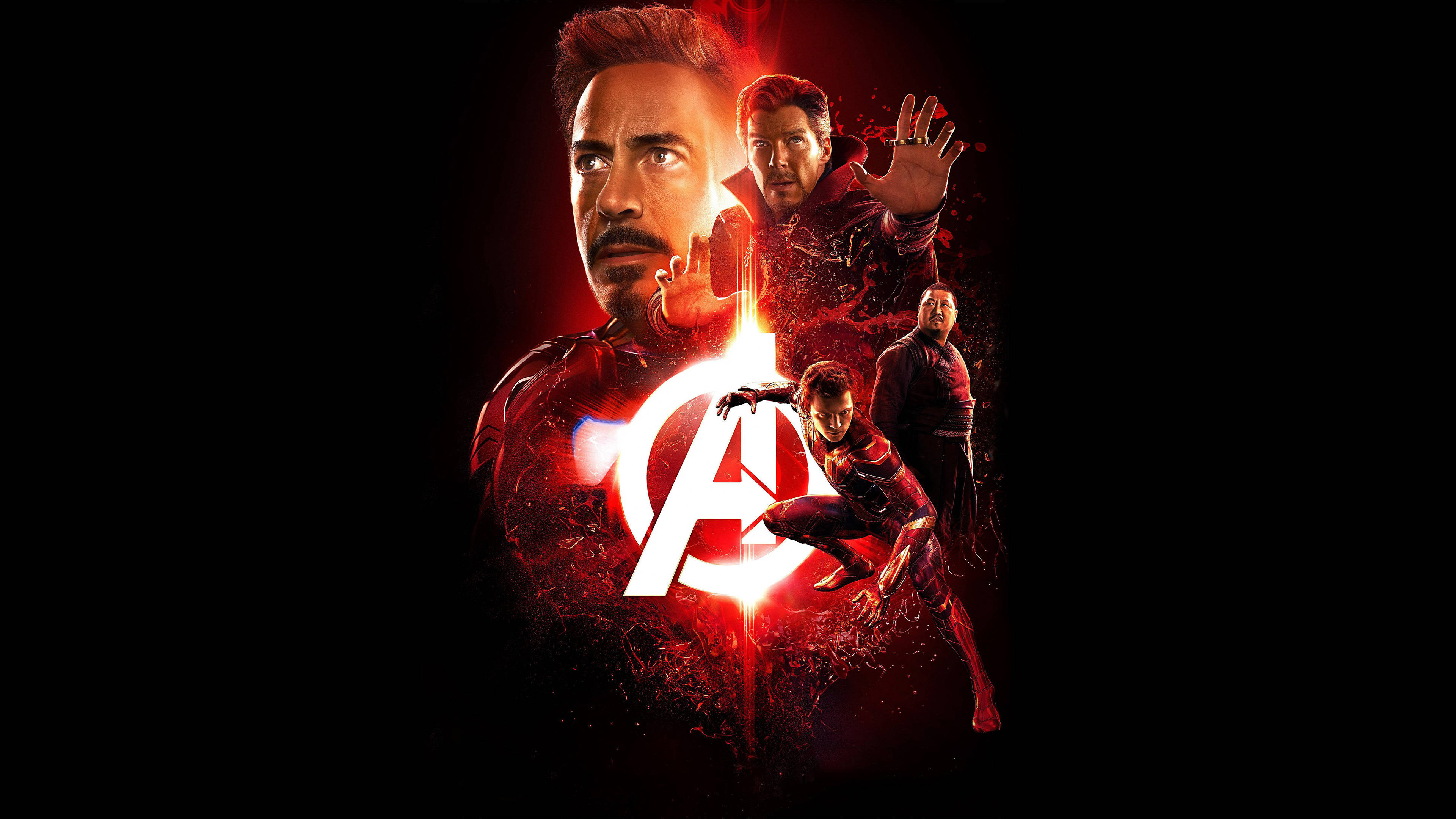 復仇者聯盟：無限戰爭 4K 紅光 壁紙 — 復仇者聯盟角色在黑色背景上圍繞明亮的白色標誌發出紅色能量光芒。