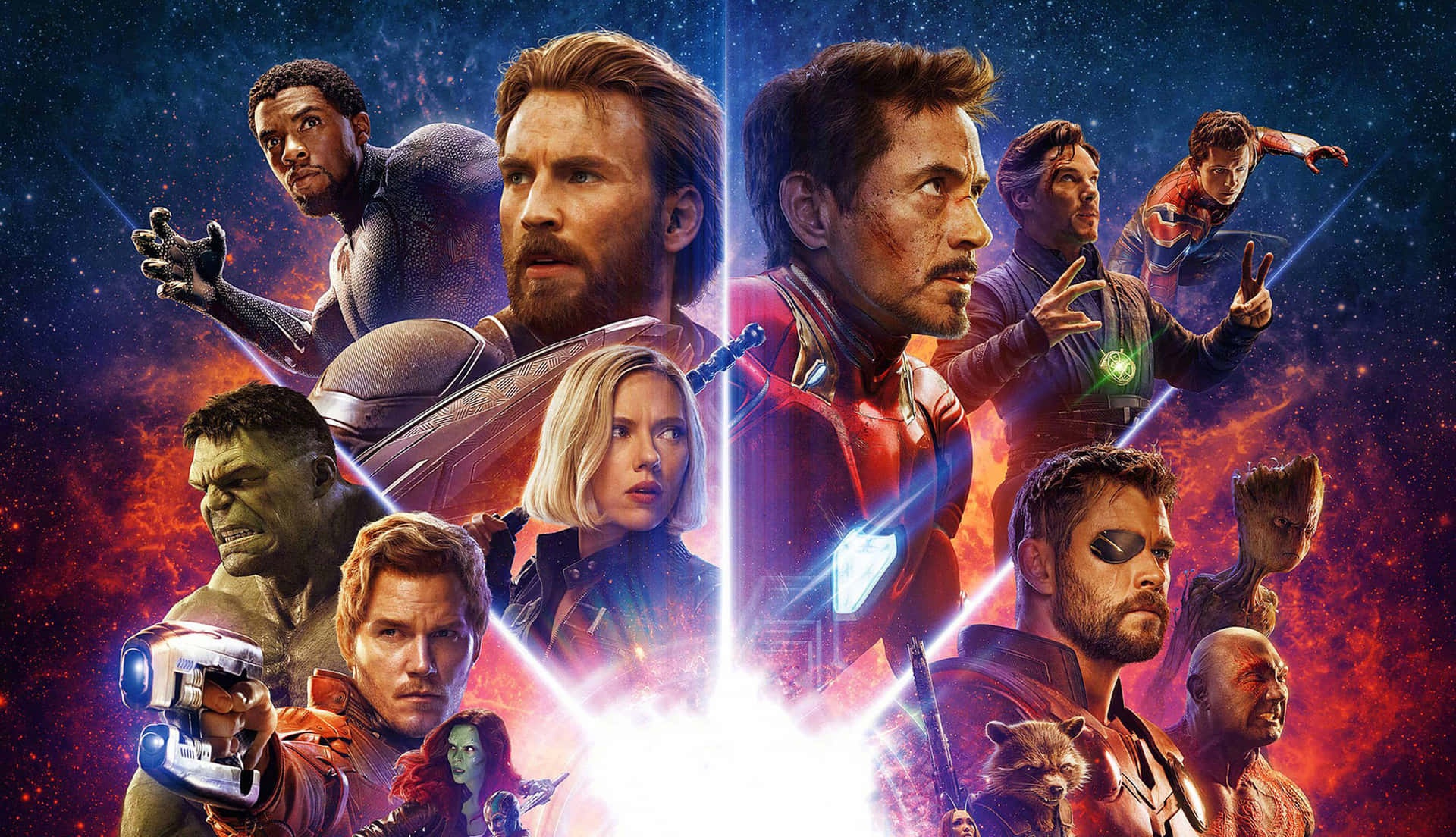 Marvel 超級英雄團隊在宇宙戰鬥場景中，伴隨著發光的能量光束。
