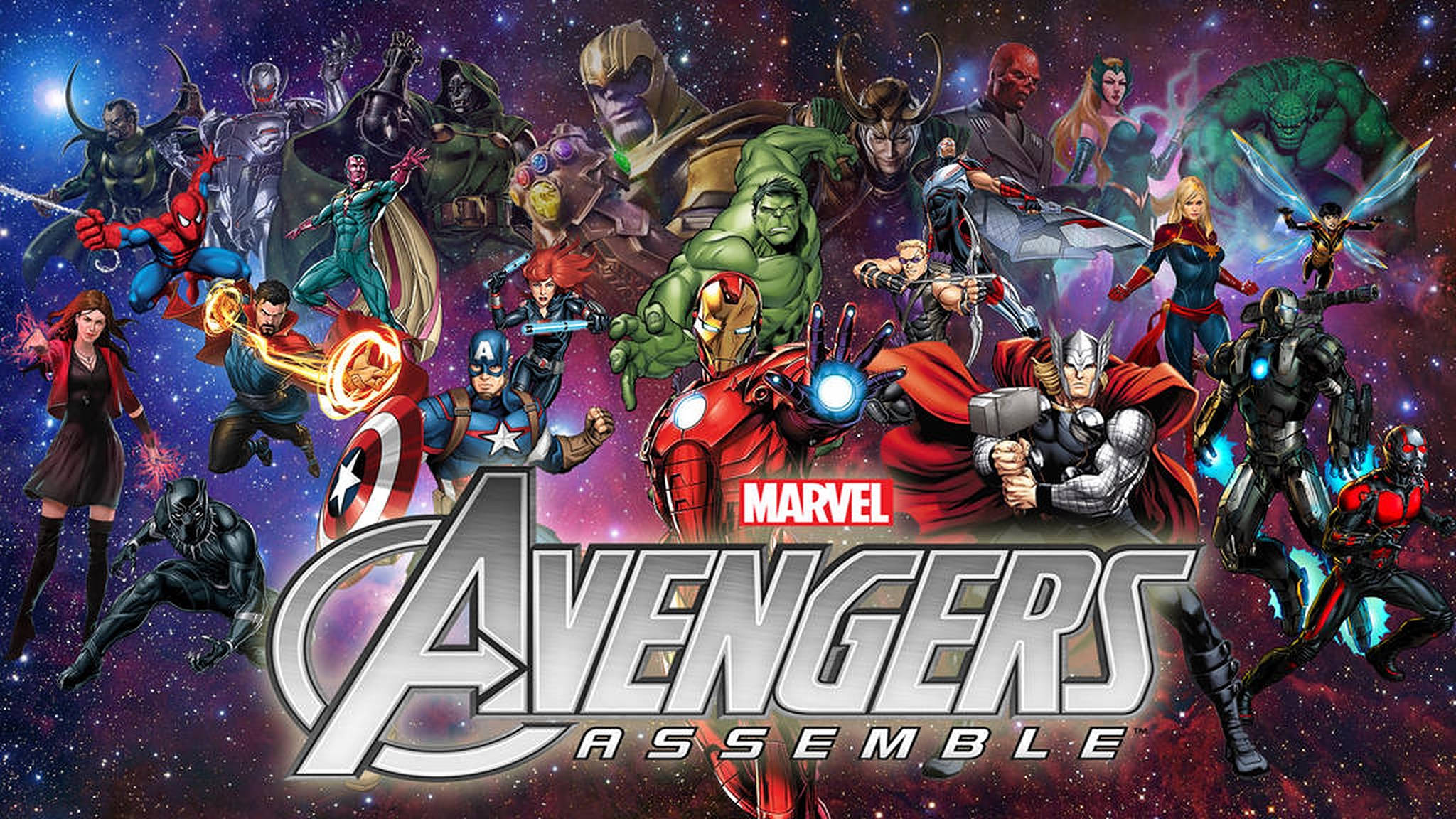 復仇者聯盟 紫色星系藝術 壁紙 — Marvel Avengers 在星雲背景和發光能量效果中集結於宇宙戰鬥場景。
