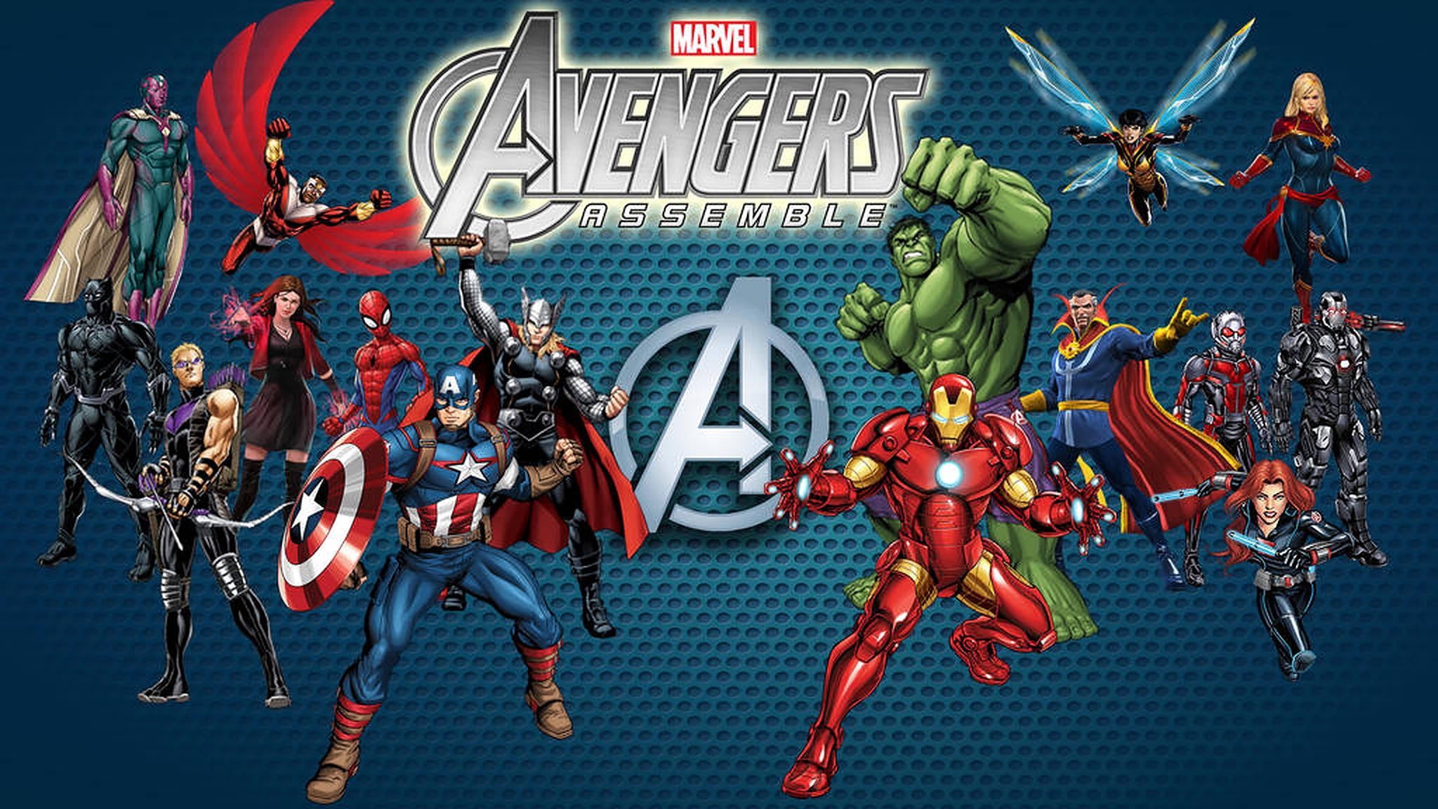 復仇者聯盟 藍色藝術 壁紙 — Marvel Avengers 與 Iron Man、Hulk 和 Captain America 等標誌性英雄一起，在藍色紋理背景上動態擺姿勢集結。