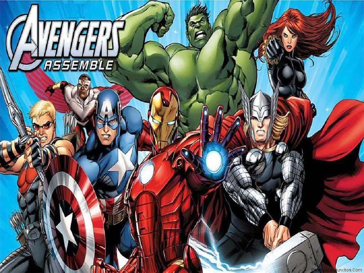 Earth's Mightiest Heroes 桌布 壁紙 — 復仇者聯盟以動感漫畫藝術集結，變形俠醫、雷神、鐵甲奇俠和美國隊長準備戰鬥。