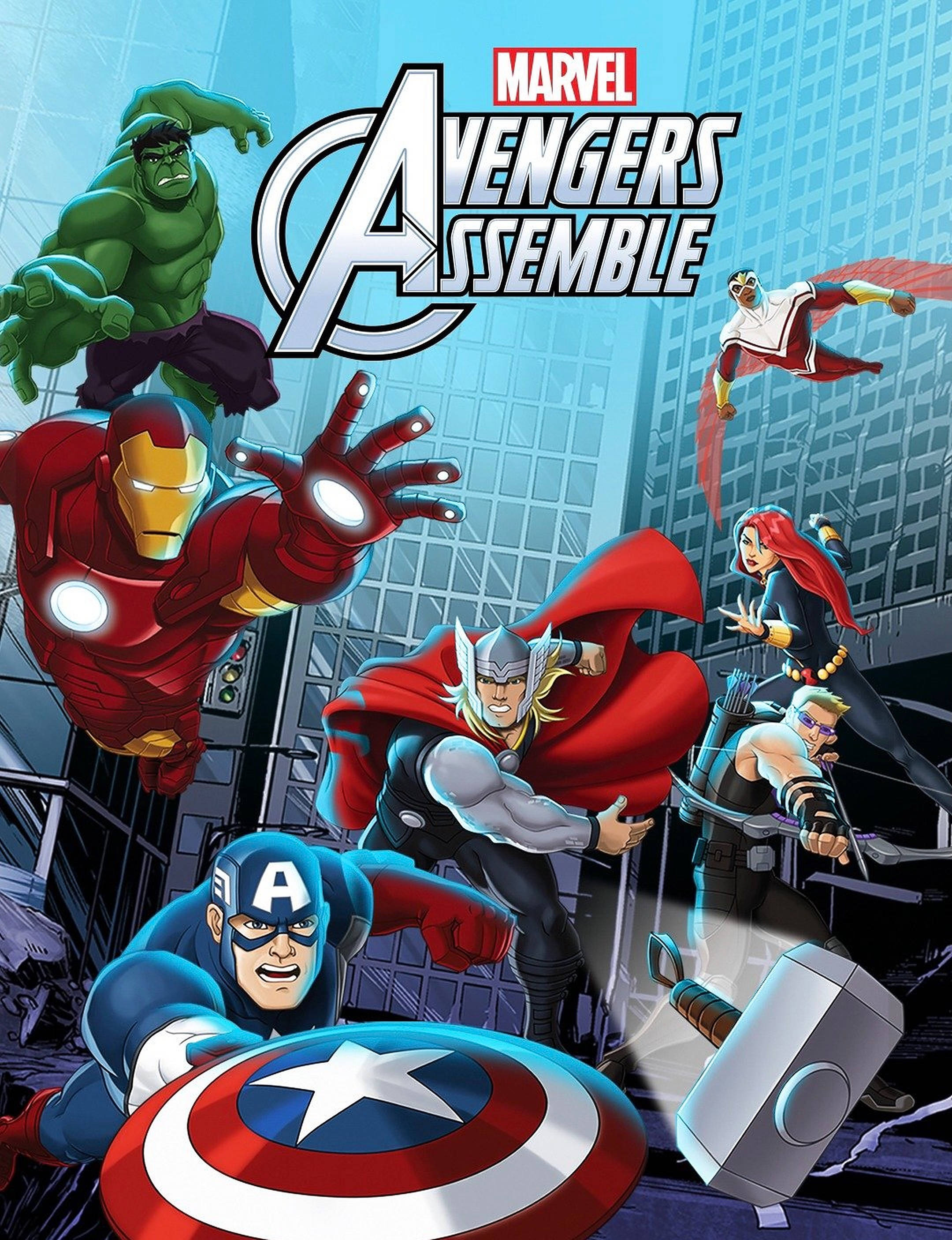 復仇者聯盟卡通海報 壁紙 — Marvel Avengers Assemble 海報，展示變形俠醫、鐵甲奇俠、雷神、美國隊長和鷹眼在動感超級英雄姿勢中，背景為城市天際線。