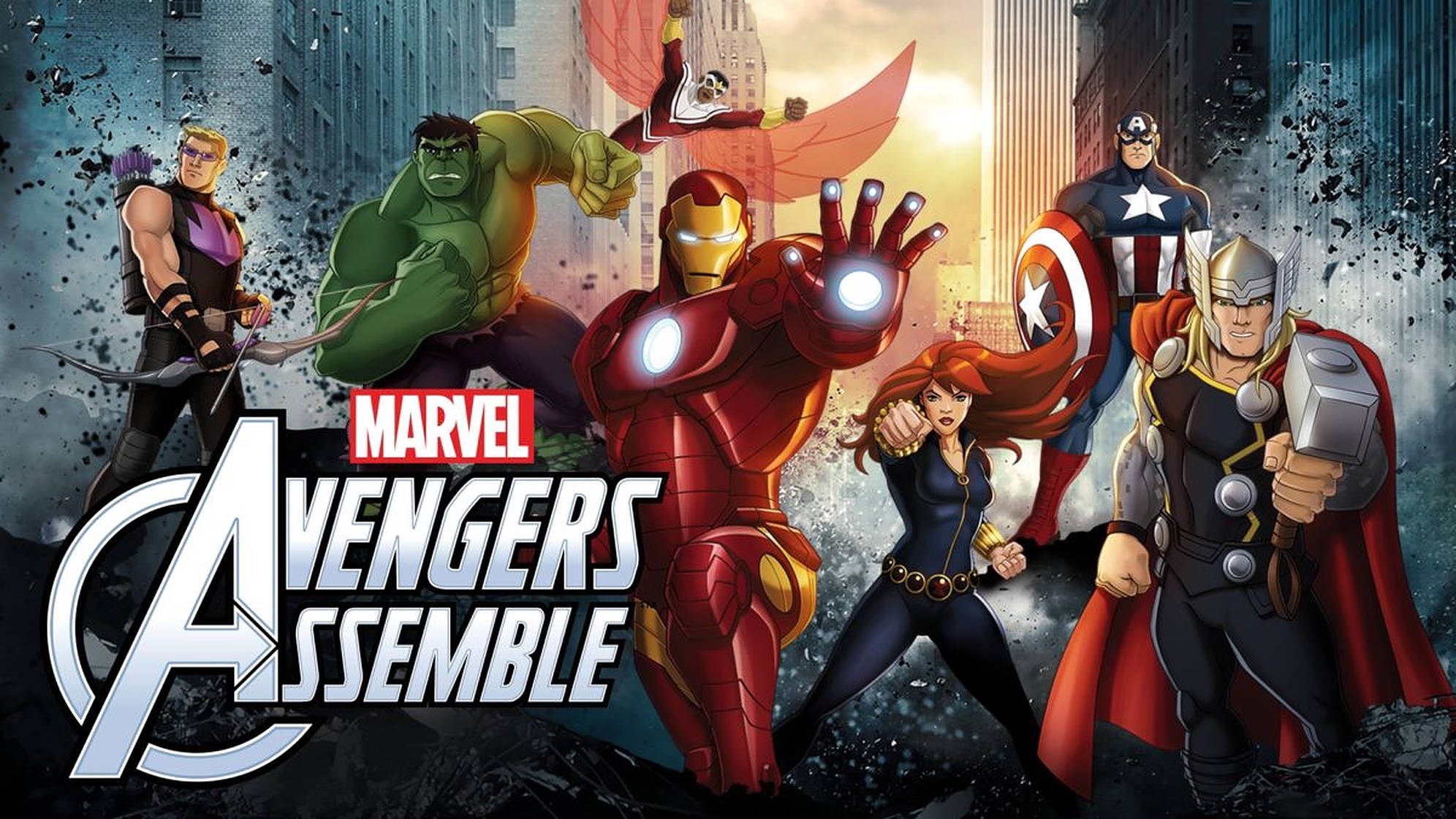 復仇者聯盟卡通紐約 壁紙 — Marvel Avengers Assemble 英雄們以戲劇性的燈光和動態姿勢，英勇地站在破碎的城市景觀中。