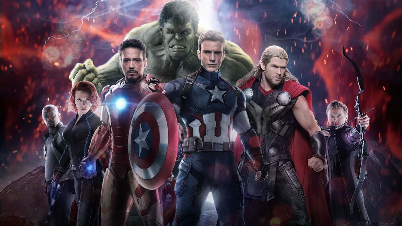 1366x768 Marvel 桌布 壁紙 — 復仇者聯盟在熾熱的戰鬥場景中集結，浩克聳立在美國隊長身後，雷神揮舞著他的錘子。