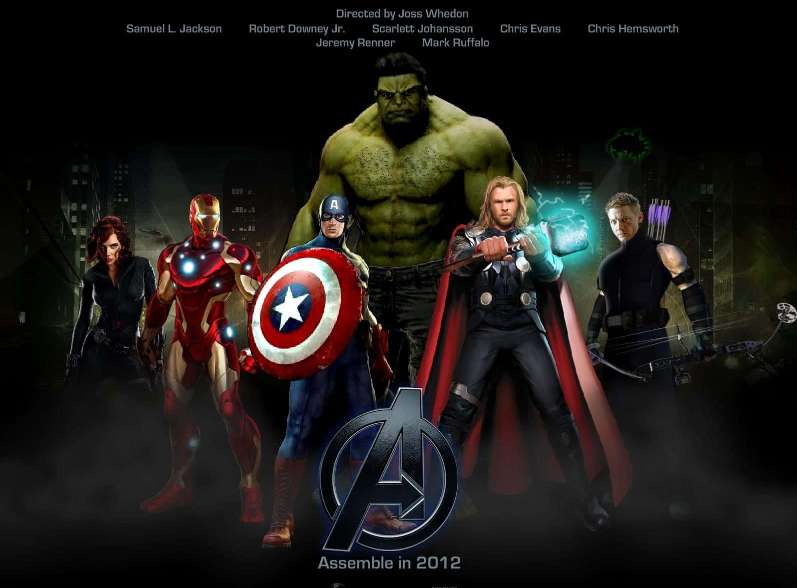 New Avengers 桌布 壁紙 — 復仇者聯盟在黑暗的城市景觀中集結，在戲劇性燈光下展現發光武器和英雄姿態。