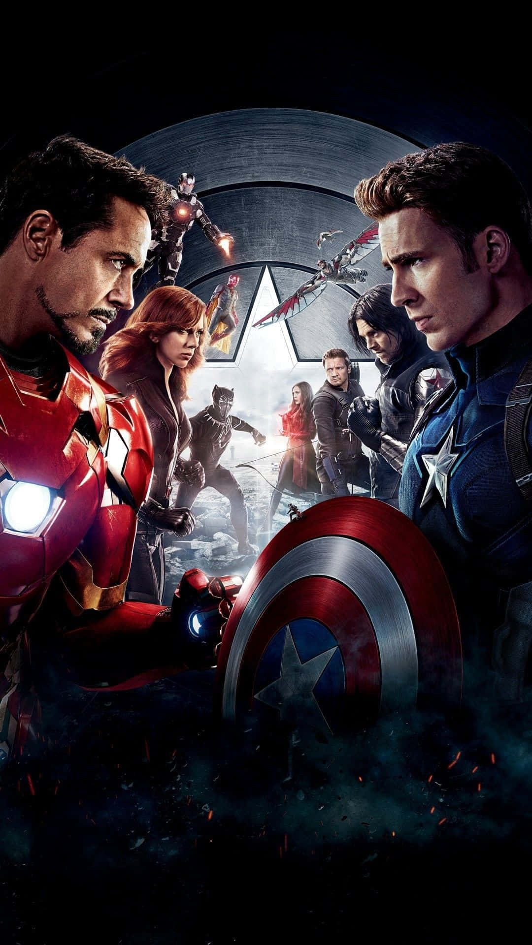 Best Captain America 桌布 壁紙 — 復仇者聯盟在黑暗背景下集結，與鐵甲奇俠和美國隊長展開戲劇性對峙。