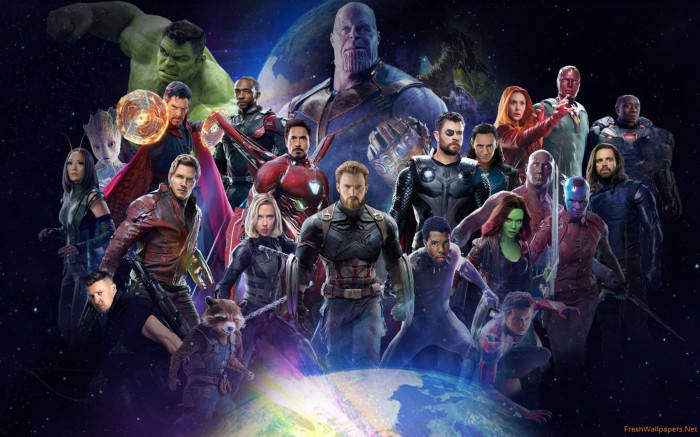 Marvel 超級英雄與反派團隊在太空中，地球在下方的姿勢。