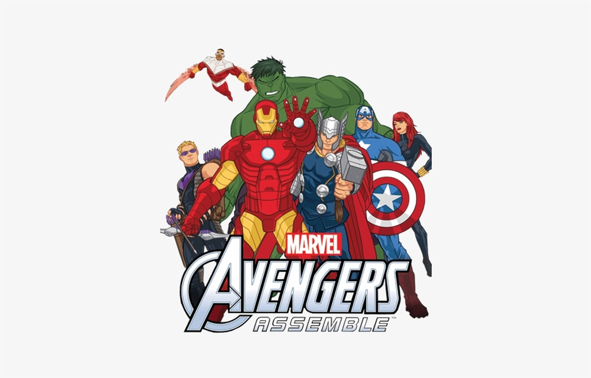 復仇者聯盟強勢姿態 壁紙 — Marvel Avengers Assemble 標誌，包含鐵甲奇俠、變形俠醫和美國隊長等標誌性英雄在純色背景上英勇擺姿勢。