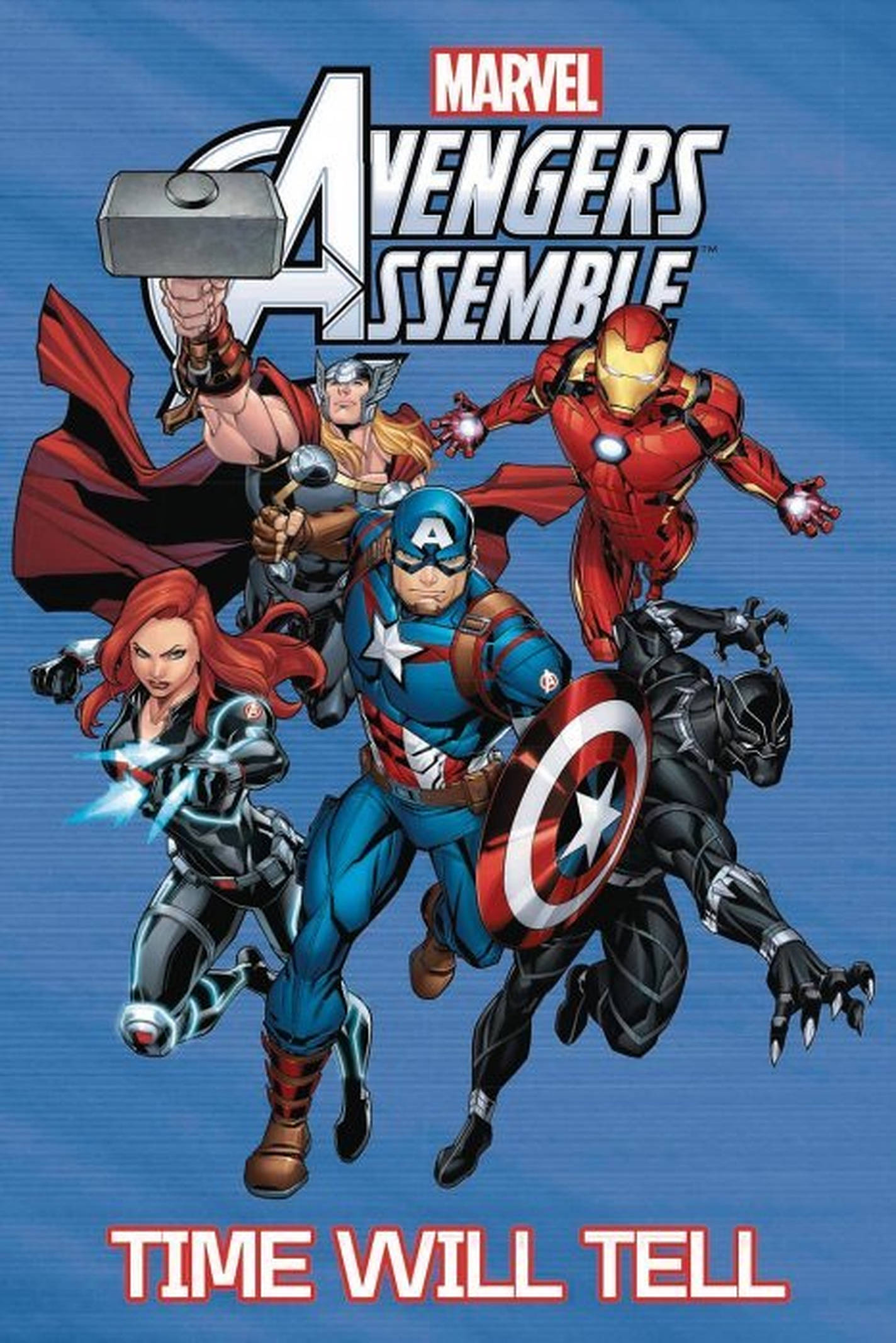 復仇者聯盟時光見真章 壁紙 — Marvel Avengers Assemble 英雄以動感動作姿勢呈現在藍色背景上，帶有粗體標題和標語。