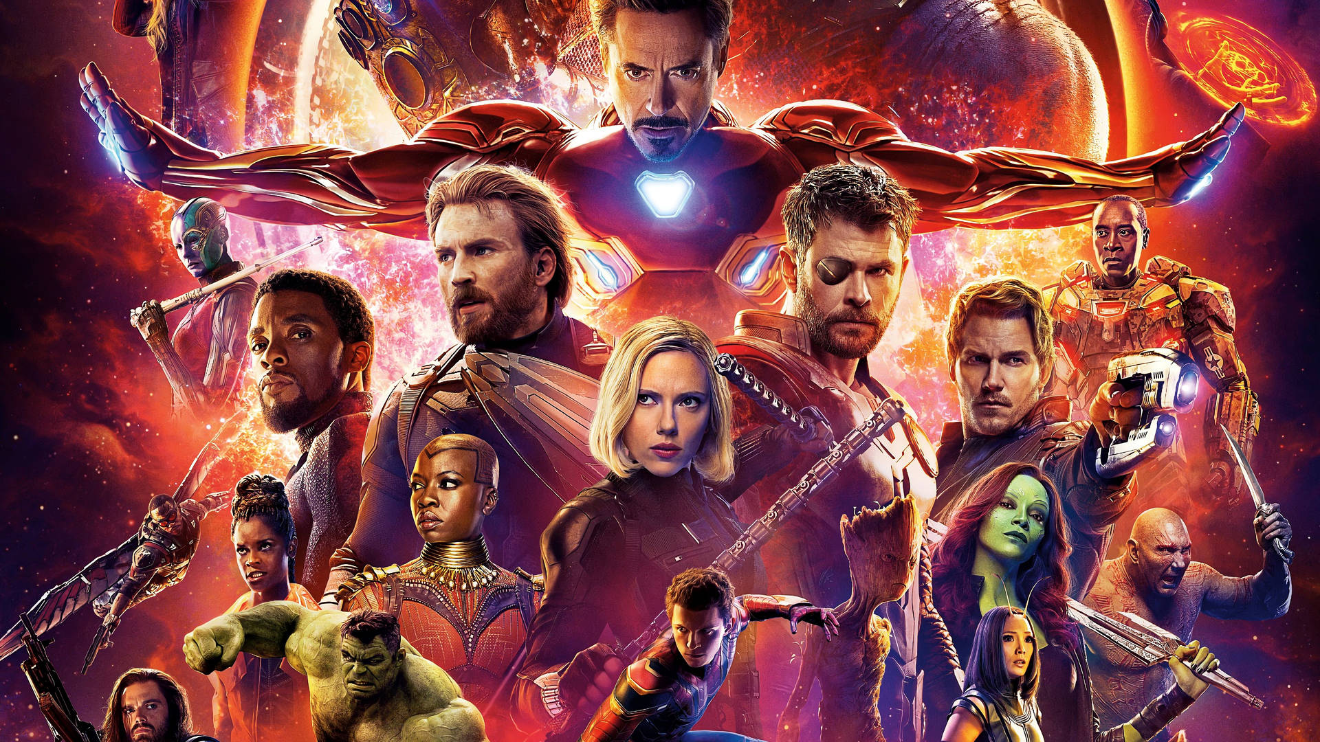 Marvel 超級英雄團隊在宇宙戰鬥場景中，背景火熱。