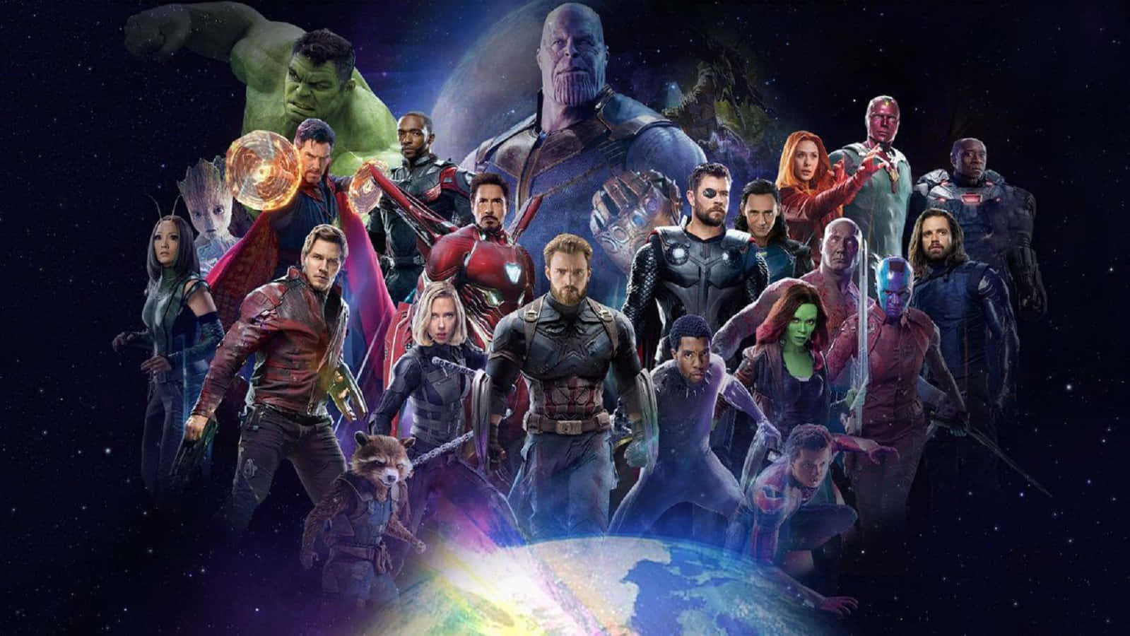 復仇者聯盟為保護宇宙對抗 Thanos 壁紙 — 漫威超級英雄與反派在星空宇宙背景下，地球在下方的宇宙聚會。