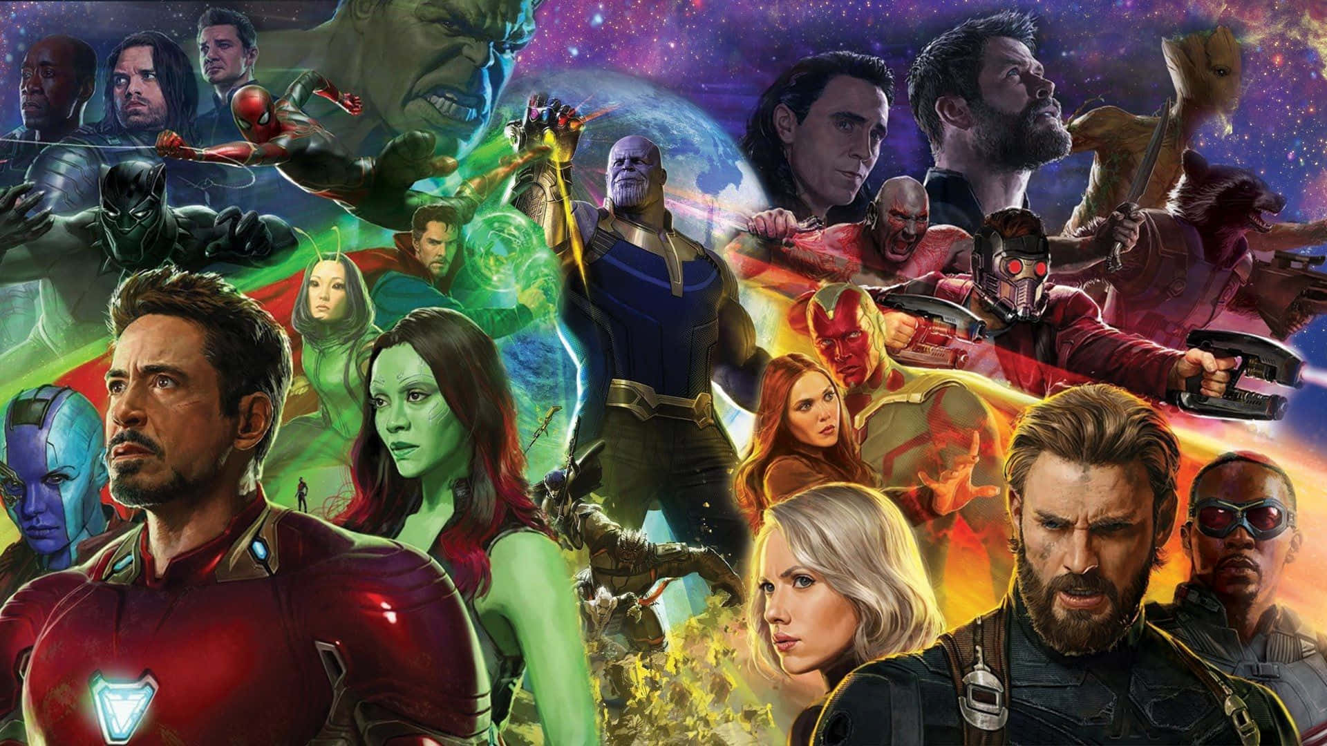 復仇者聯盟為對抗Thanos準備毀滅性戰鬥 壁紙 — 一幅充滿活力的Marvel超級英雄和反派拼貼畫，在宇宙星空背景下動態擺姿勢。