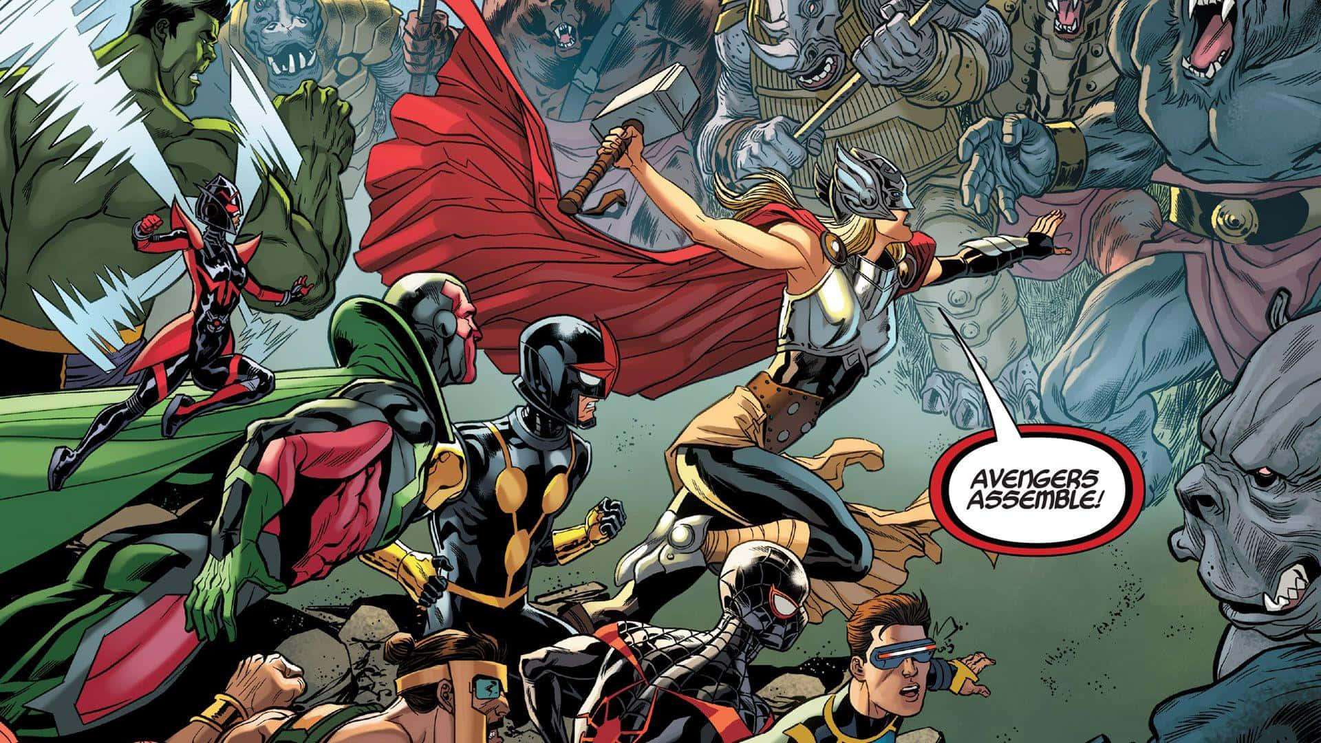 Jane Foster 桌布 壁紙 — 復仇者聯盟的英雄們在一個動態的漫畫面板中與怪物般的敵人戰鬥，線條大膽，色彩鮮明。