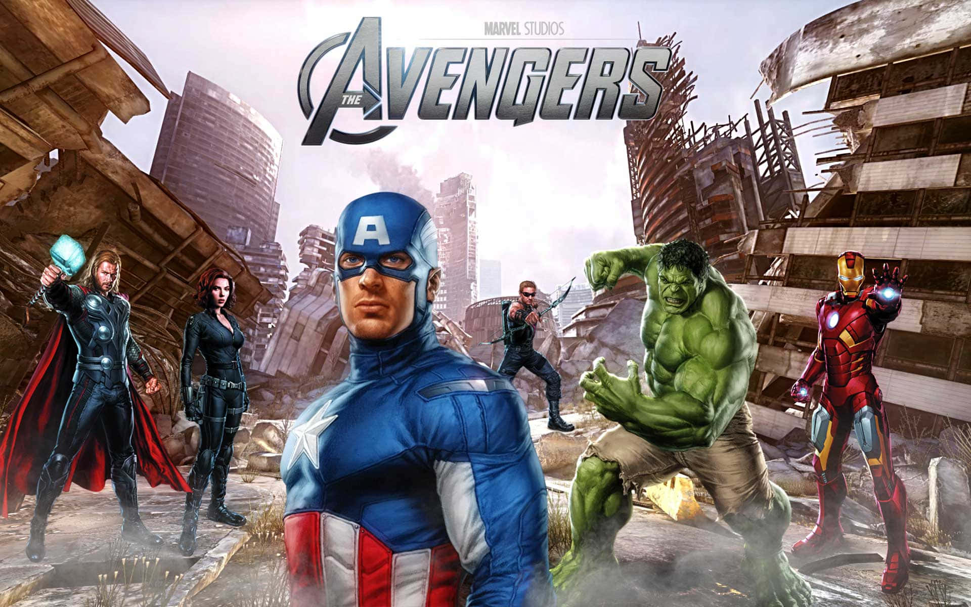 New Avengers 桌布 壁紙 — 復仇者聯盟的英雄們在破碎的城市景觀中屹立不倒，身後是瓦礫和破損的摩天大樓。