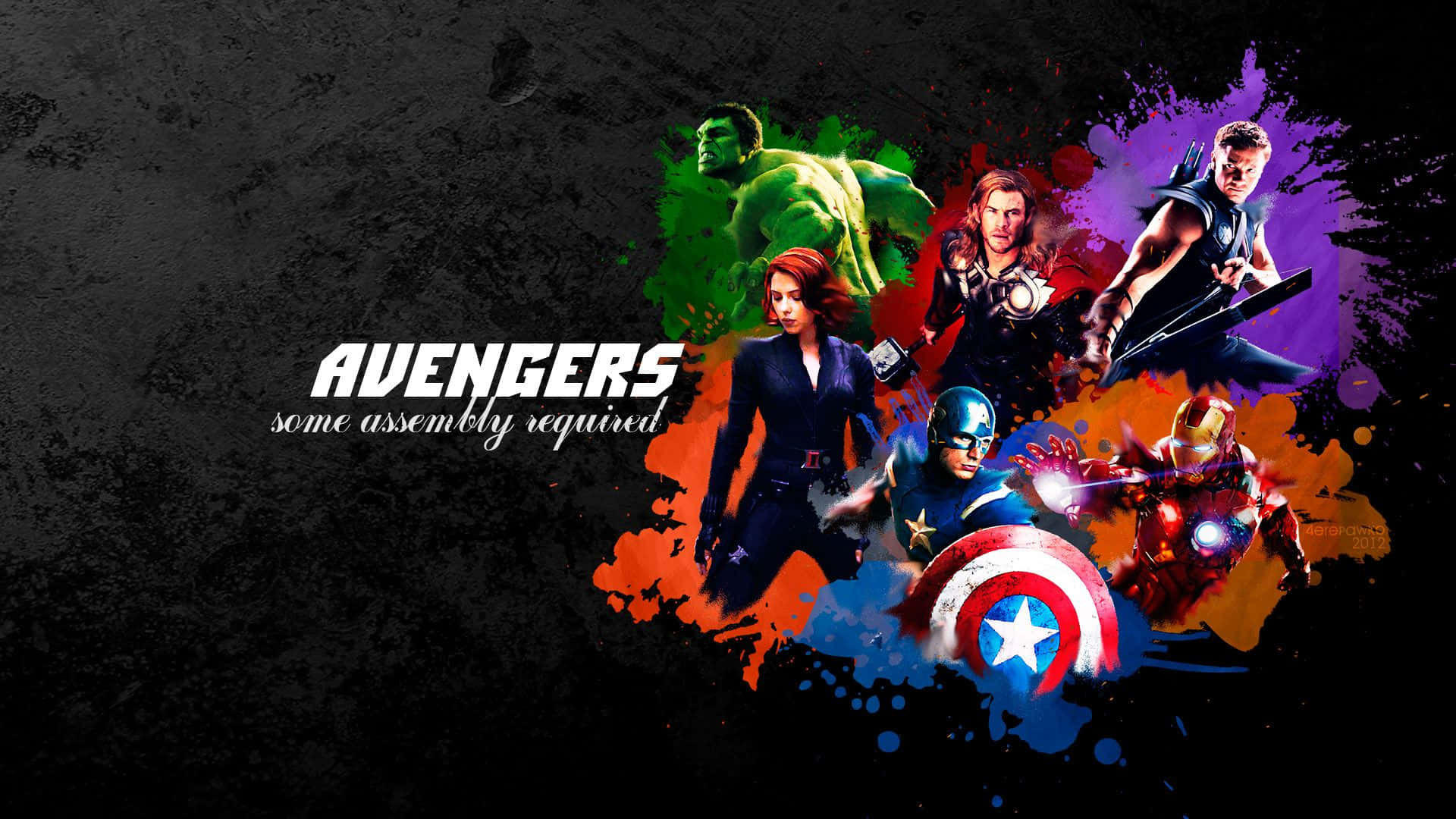 New Avengers 桌布 壁紙 — 復仇者聯盟的超級英雄從色彩繽紛的油漆飛濺中迸發出來，背景為深色紋理，並帶有粗體標題文字。